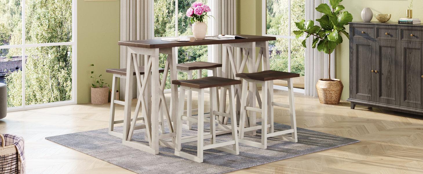 Rustic Counter Height 5-Piece Dining Set, Wood Console Table Set with 4 Stools for Small Places,Walnut+Cream