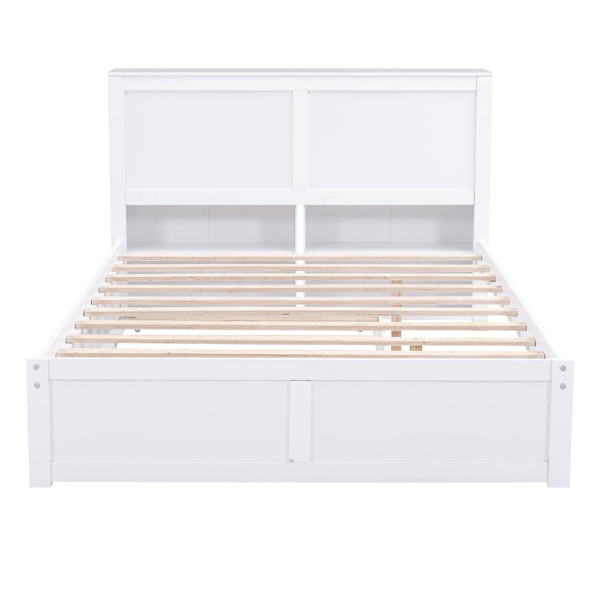 Full SizeStorage Platform Bed with Pull Out Shelves and Twin Size Trundle, White