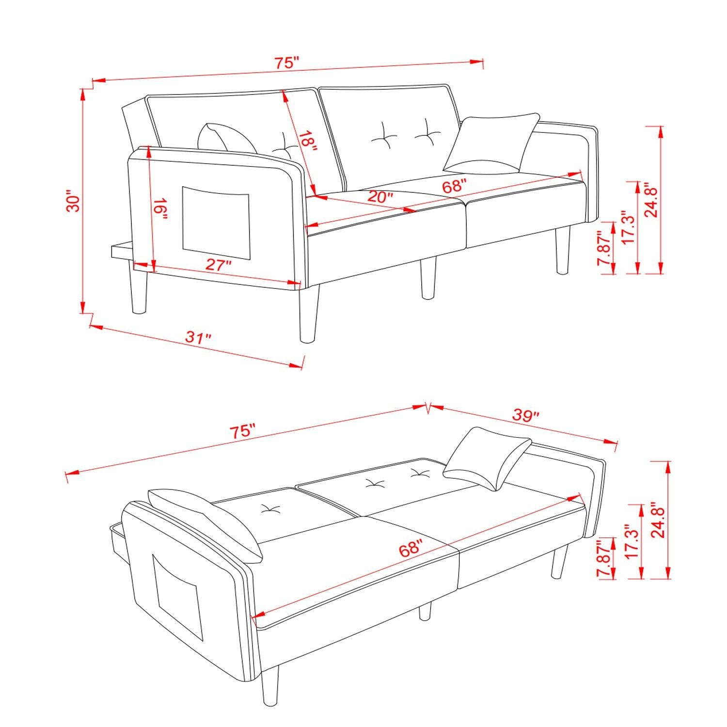 Futon Sofa bed with Solid Wood Leg in Grey Fabric