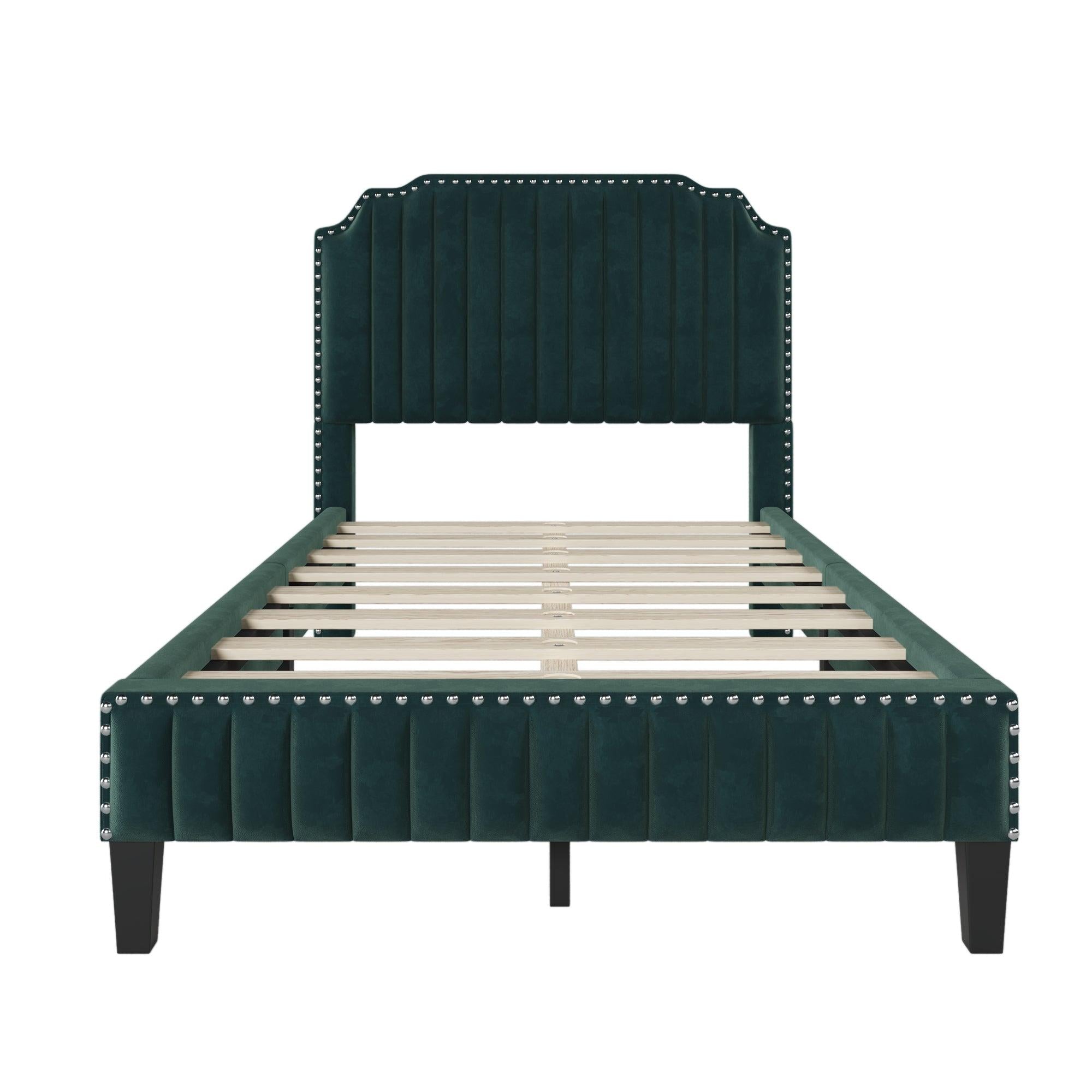 Modern Velvet Curved Upholstered Platform Bed , Solid Wood Frame , Nailhead Trim, Green (Full)