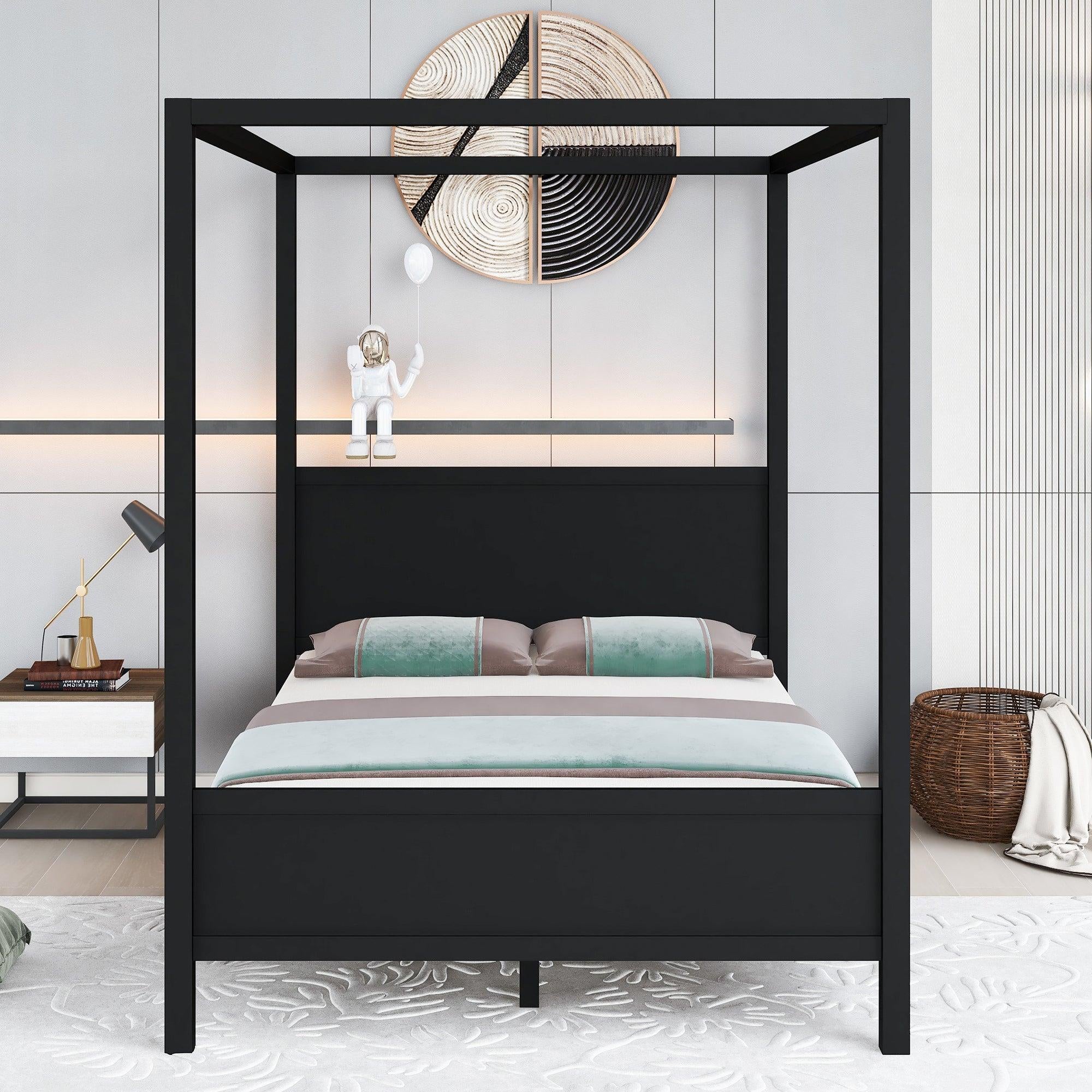 Queen Size Canopy Platform Bed with Headboard and Footboard,Slat Support Leg - Espresso