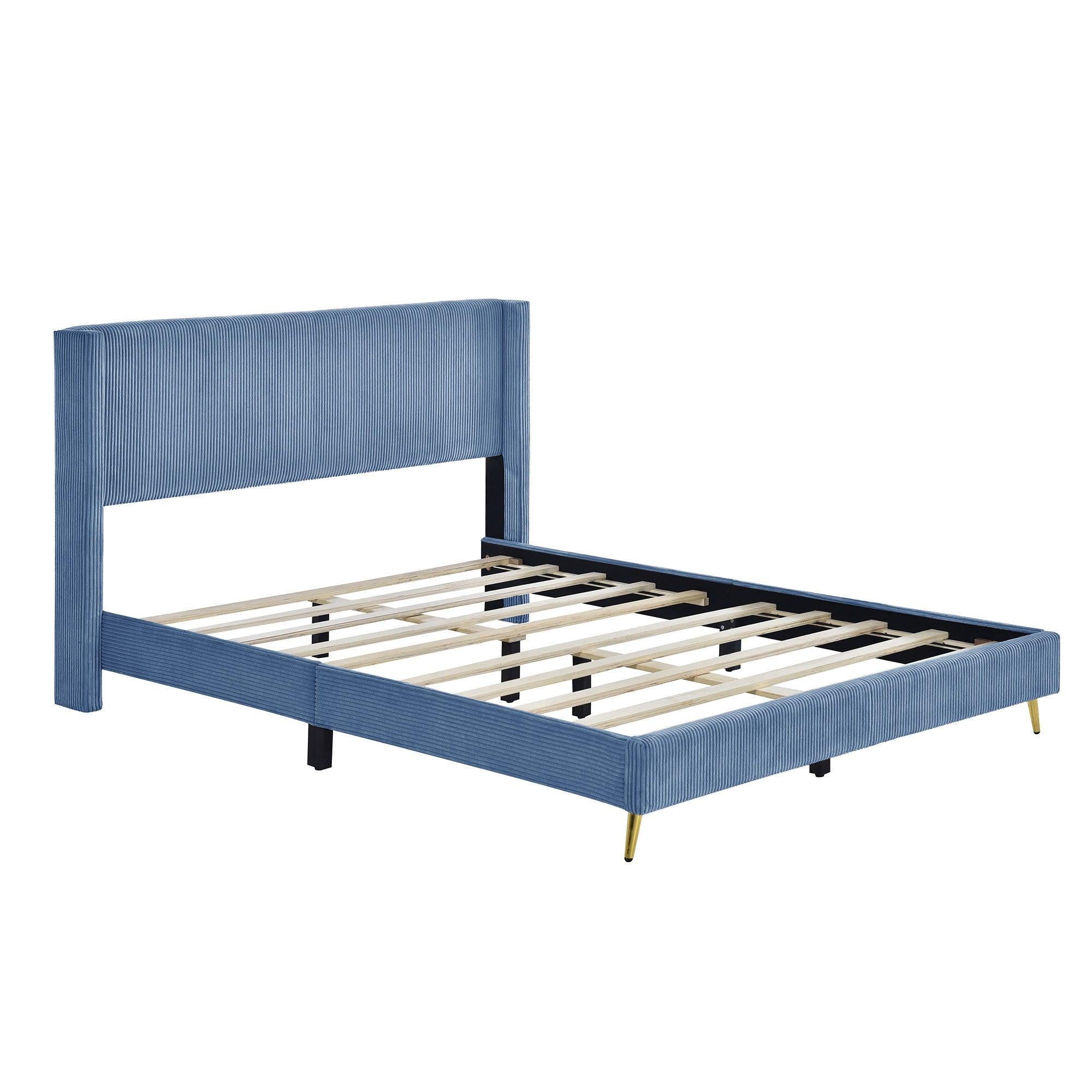 Queen Size Corduroy Platform Bed with Metal Legs, Blue