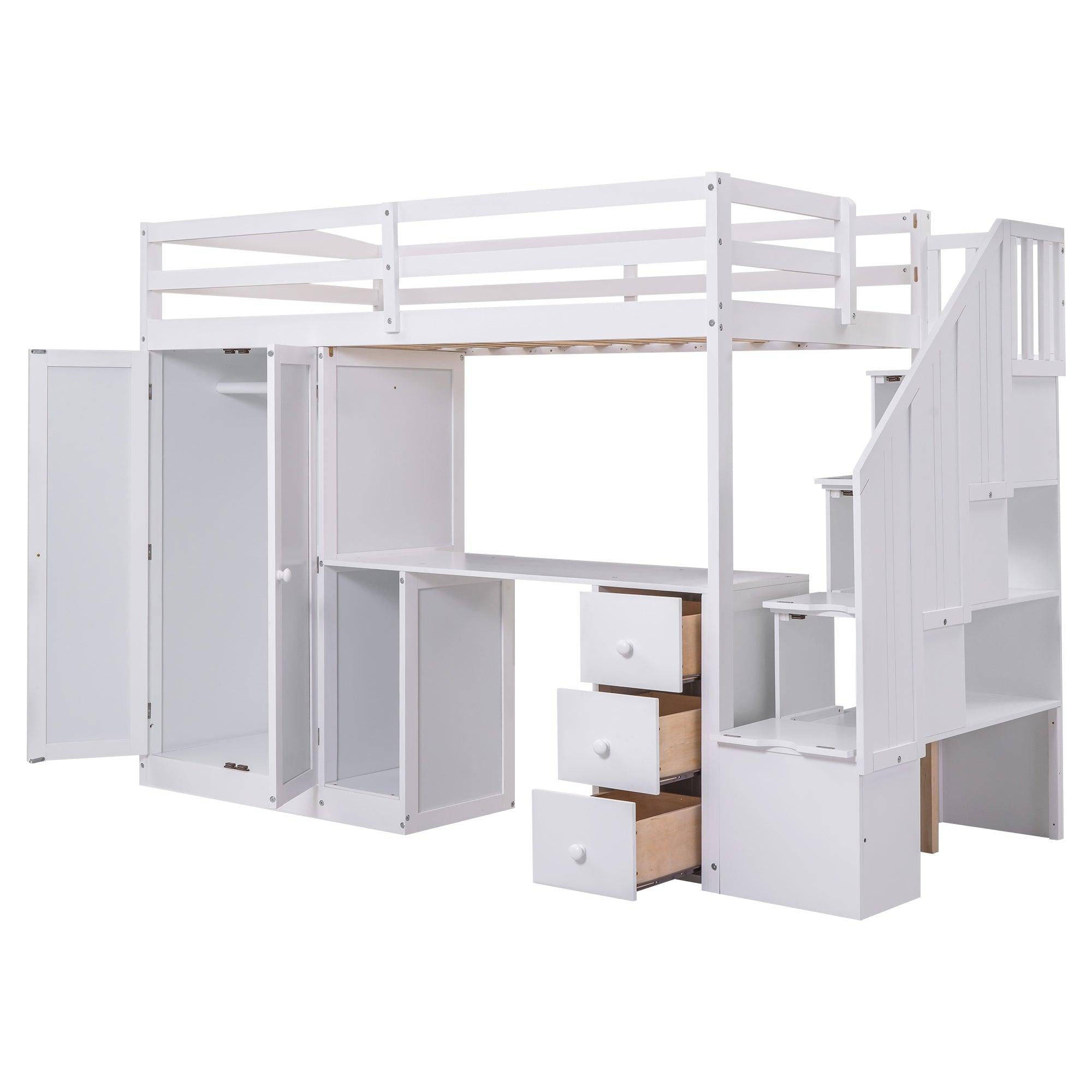 Twin Size Loft Bed with Wardrobe and Staircase, Desk andStorage Drawers and Cabinet in 1, White