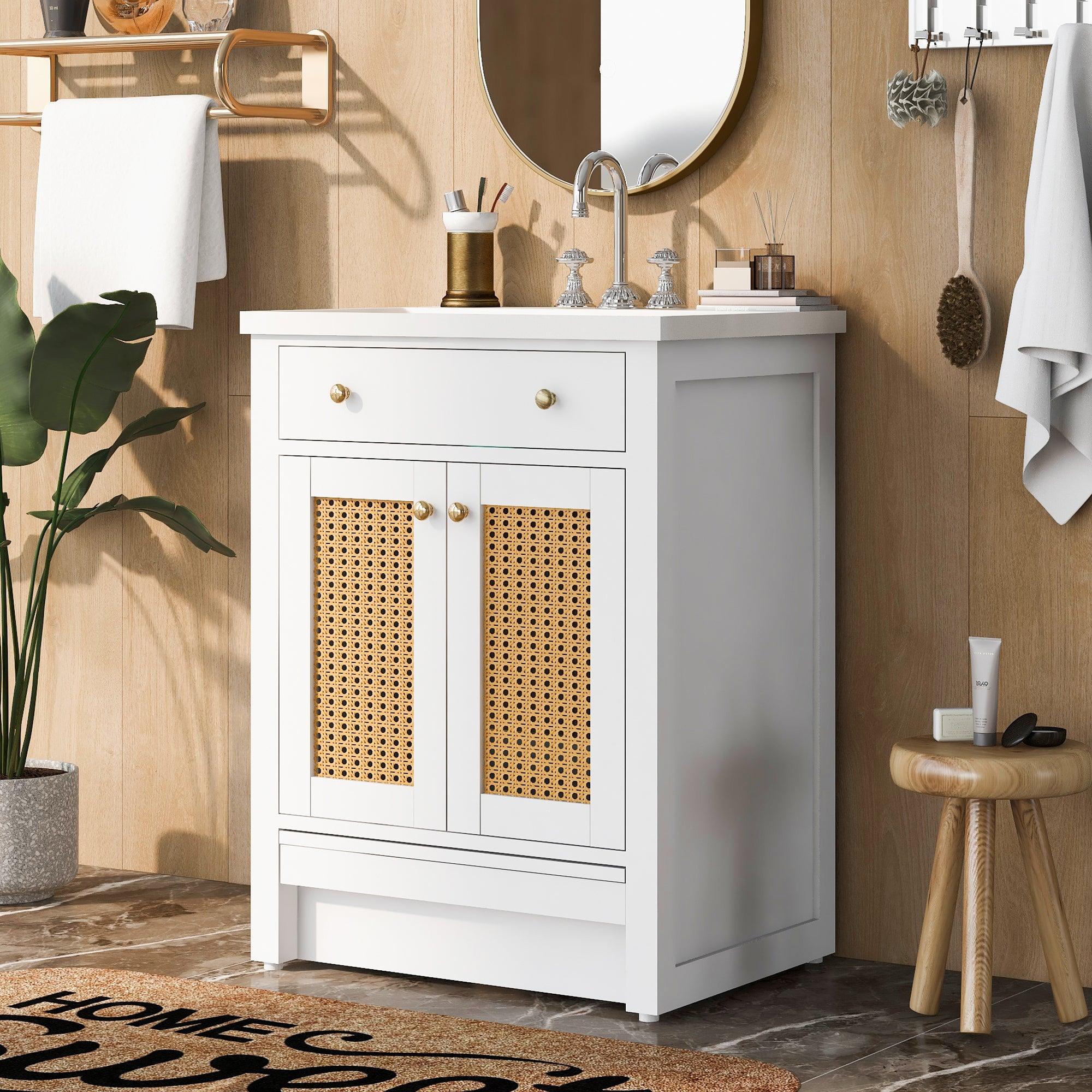 24" Bathroom vanity with Single Sink，White Combo Cabinet Undermount Sink，BathroomStorage Cabinet，Solid Wood Frame，Pull-out footrest