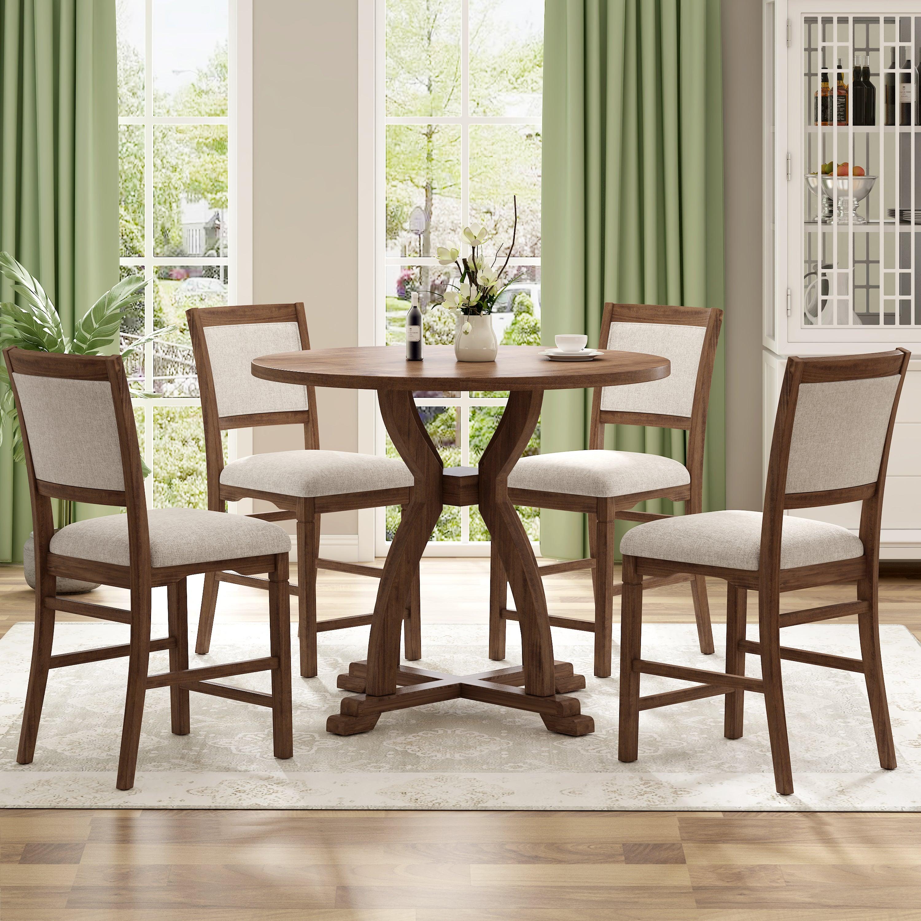 Farmhouse 5-Piece Round Dining Table Set with Trestle Legs and 4 Upholstered Dining Chairs for Small Place, Brown image