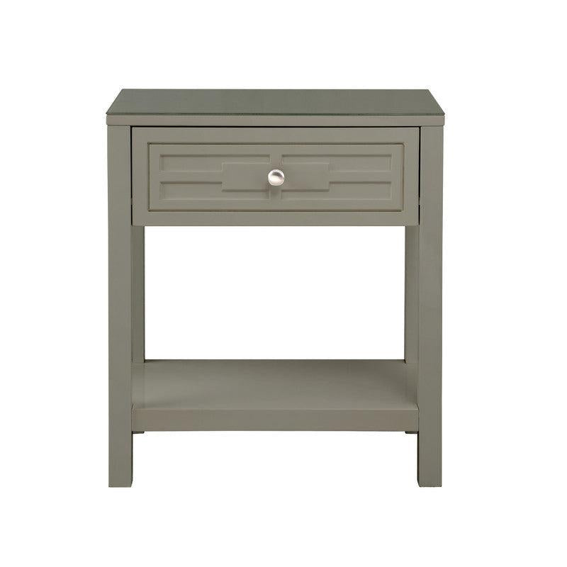 Dylan Taupe Wooden End Side Table Nightstand with Glass Top and Drawer