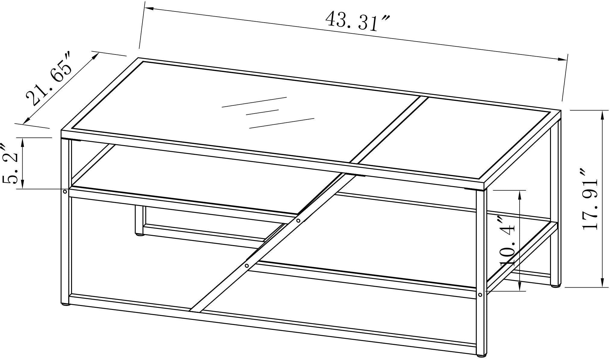 Black Coffee Table withStorage Shelf, Tempered Glass Coffee Table with Metal Frame for Living Room&Bedroom