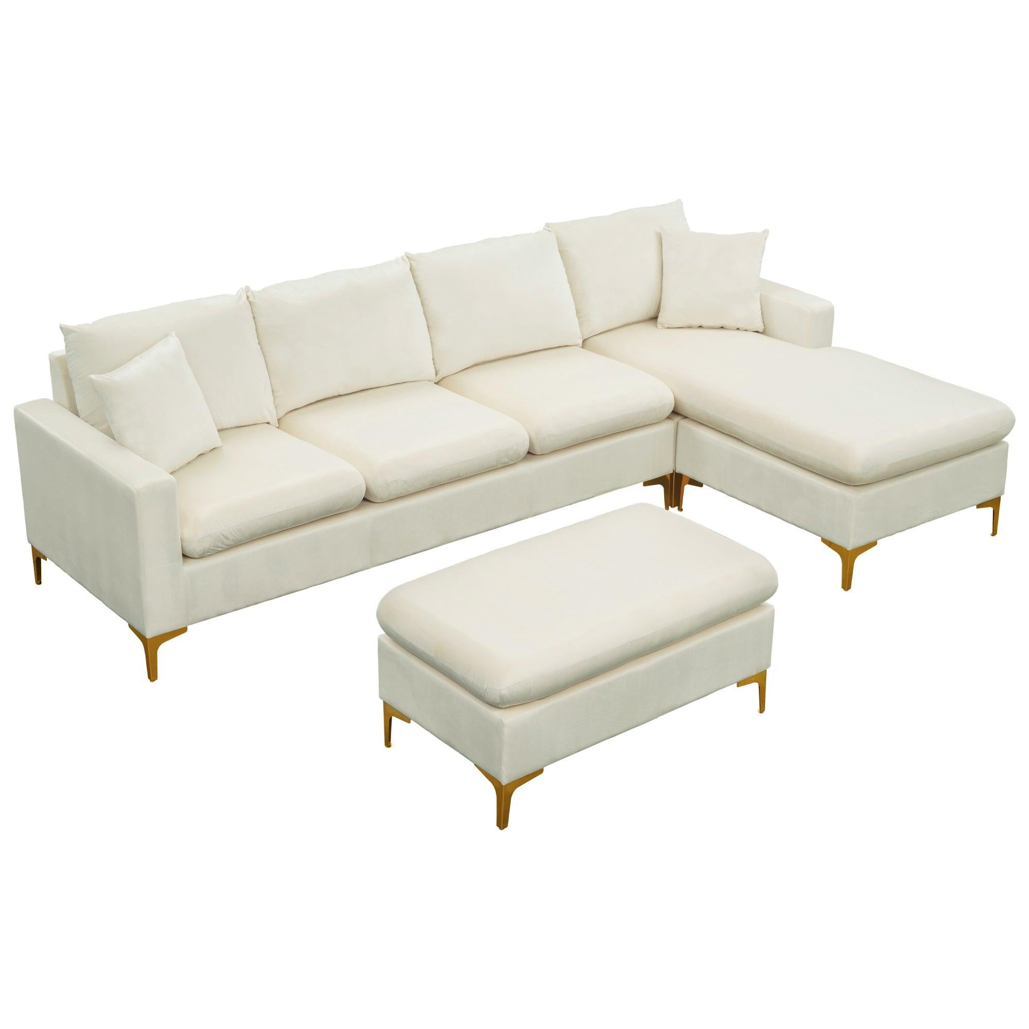 110.6" Sectional Sofa with Ottoman, L-Shape Elegant Velvet Upholstered Couch with 2 Pillows for Living Room Apartment,Cream White