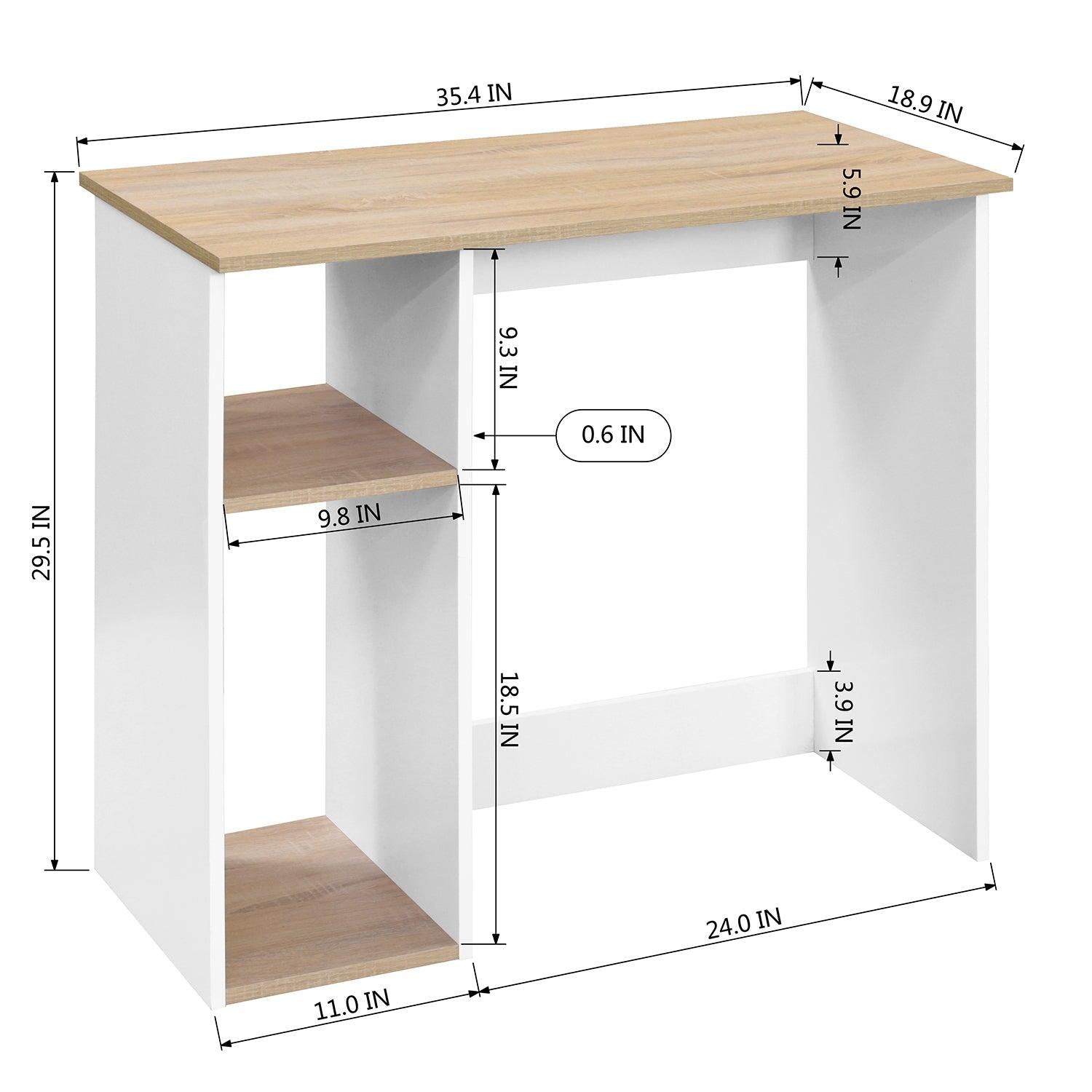 Full Wooden computer desk with 2 layers, 35.4" W x 18.9" D x 29.5" H, Oak & White