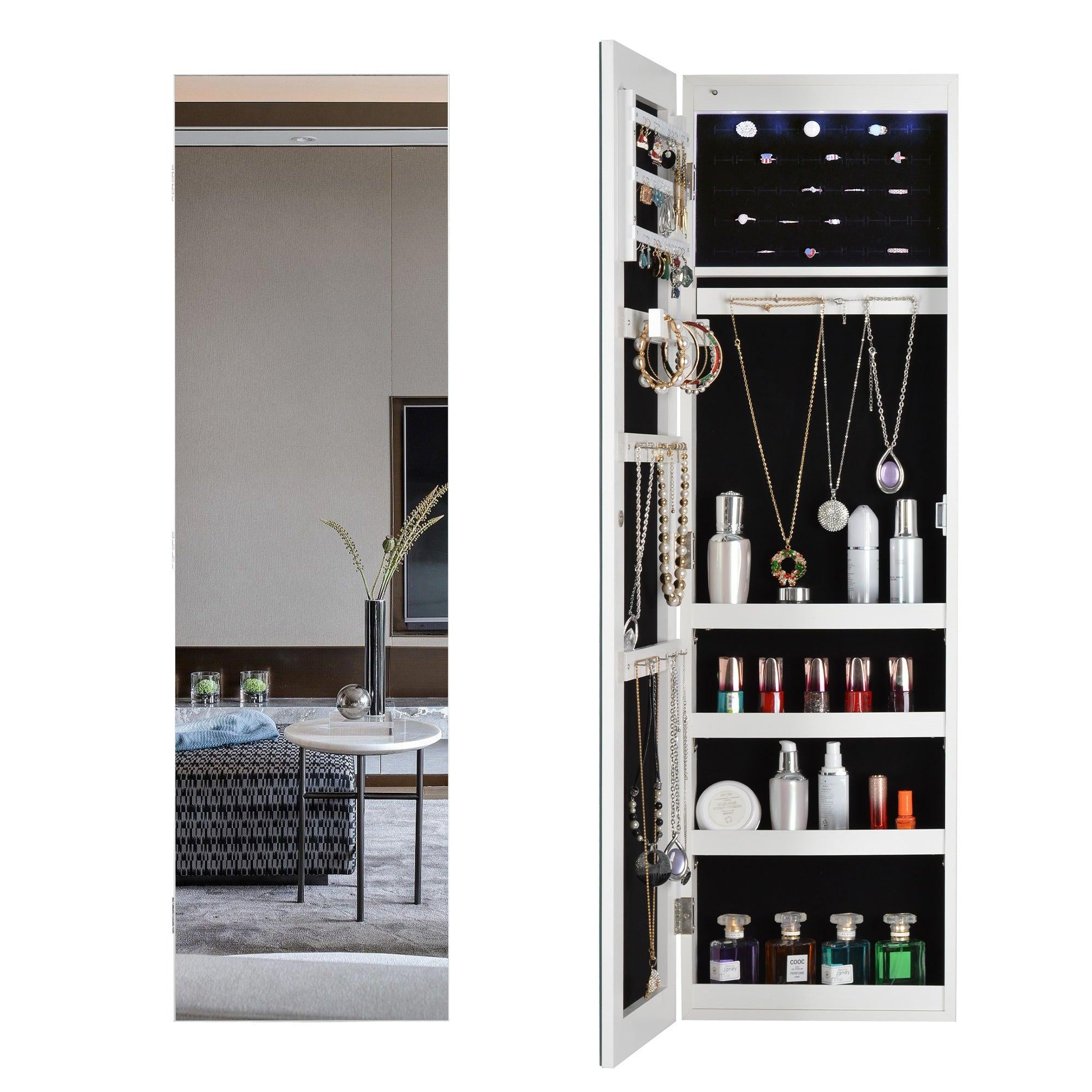 Full Mirror Fashion Simple JewelryStorage Cabinet  With Led Light  Can Be Hung On The Door Or Wall