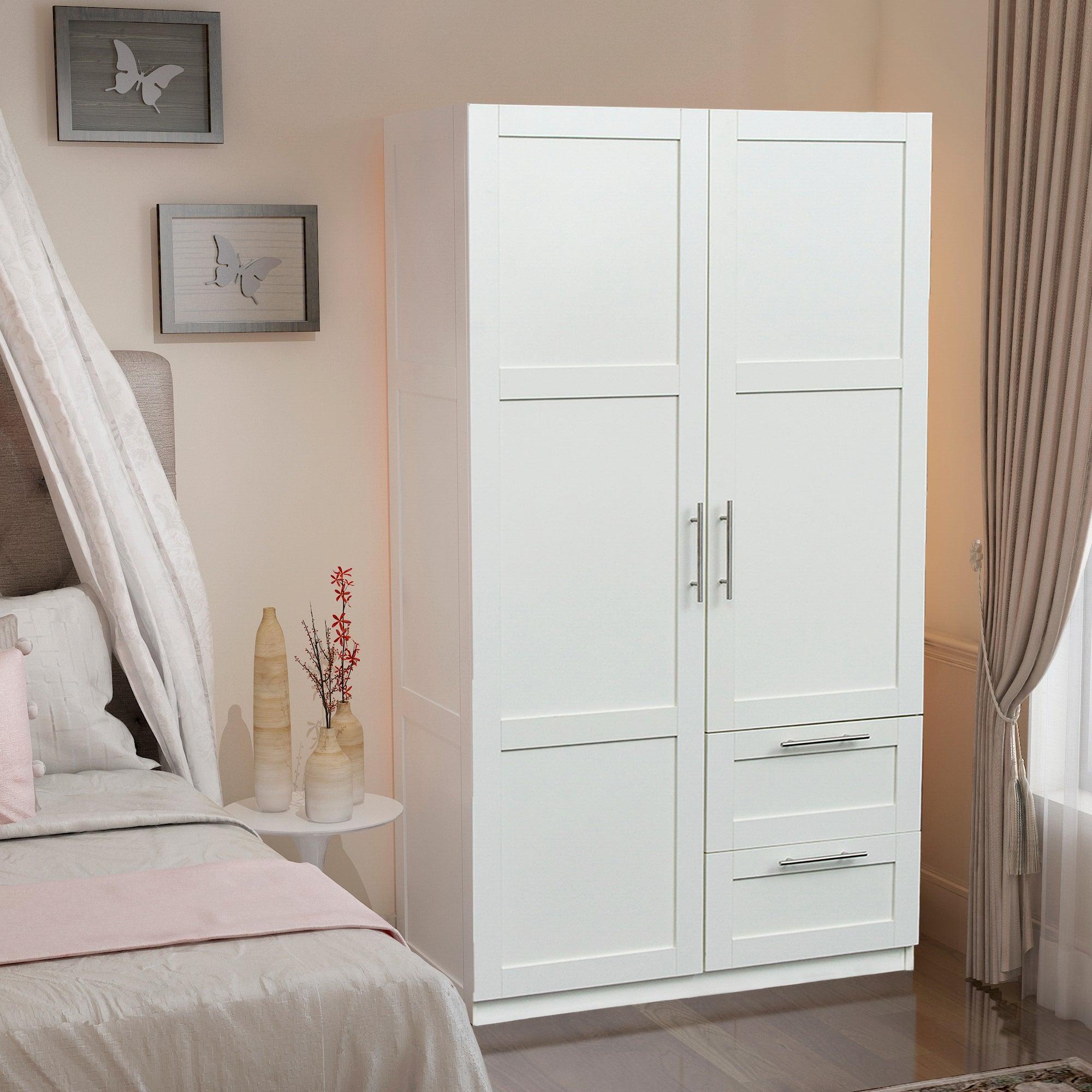 High wardrobe and kitchen cabinet with 2 doors, 2 drawers and 5Storage spaces,white