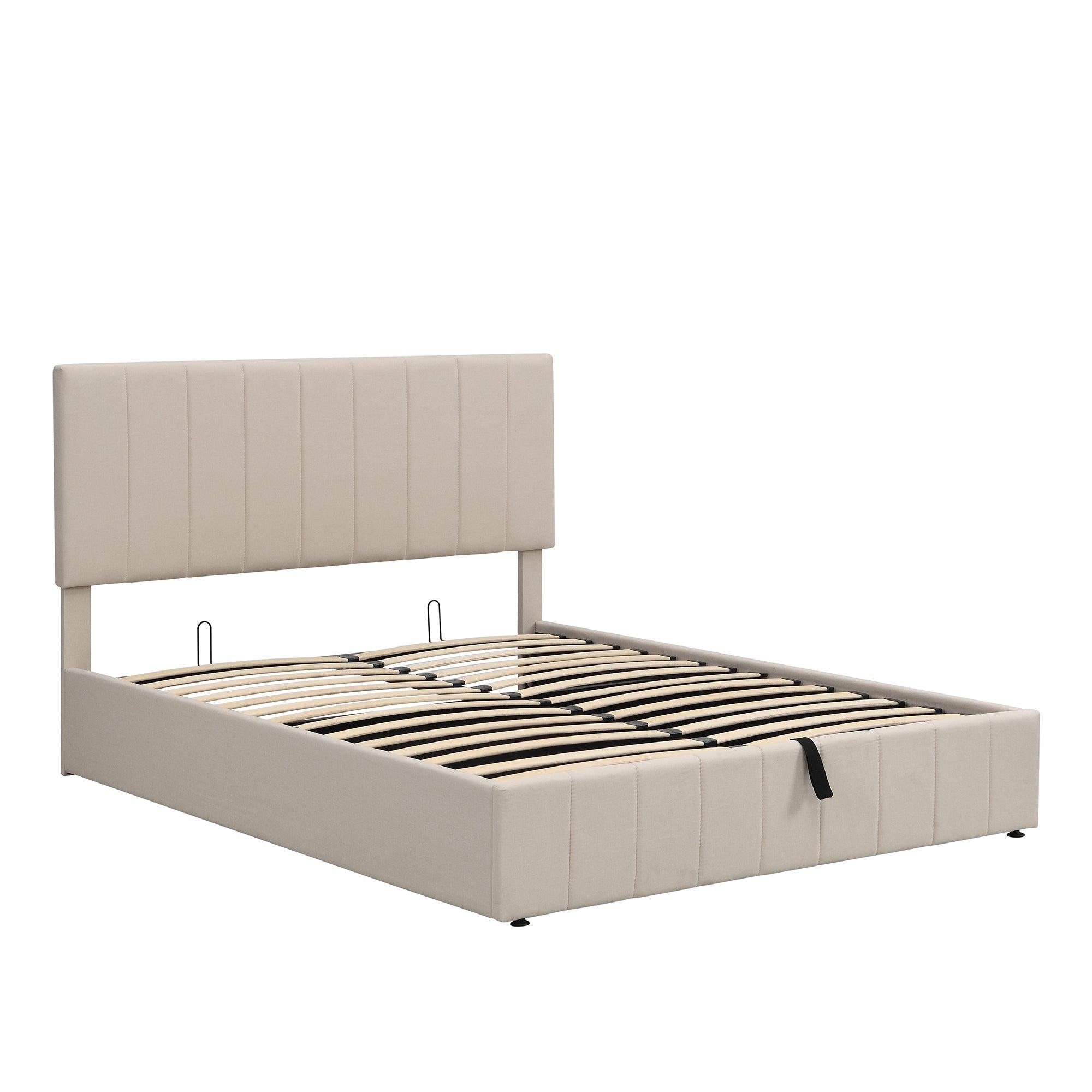 Queen size Upholstered Platform bed with a HydraulicStorage System - Beige