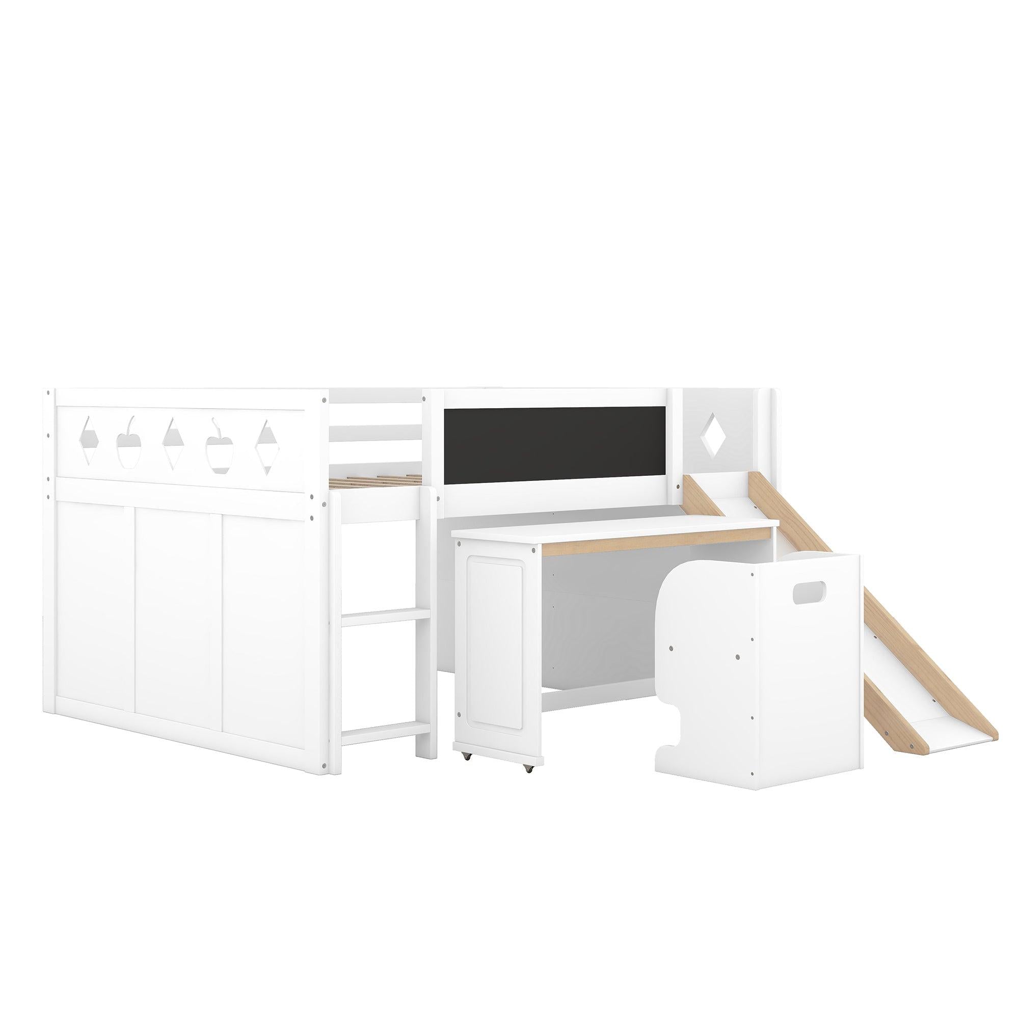 Wood Full Size Loft Bed with Slide, 4 Cabinets, Blackboard, Desk and Chair, White