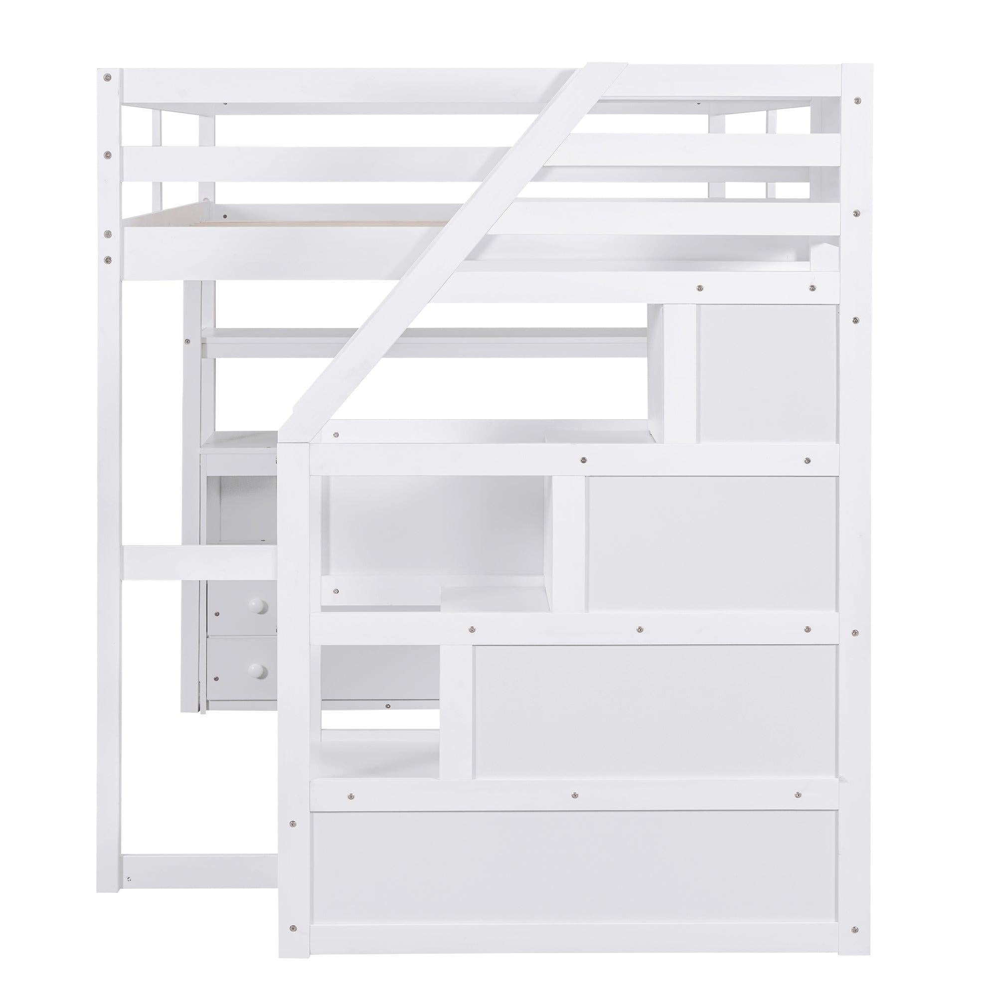 Full Size Loft Bed with Desk and Shelves, Two Built-in Drawers,Storage Staircase, White