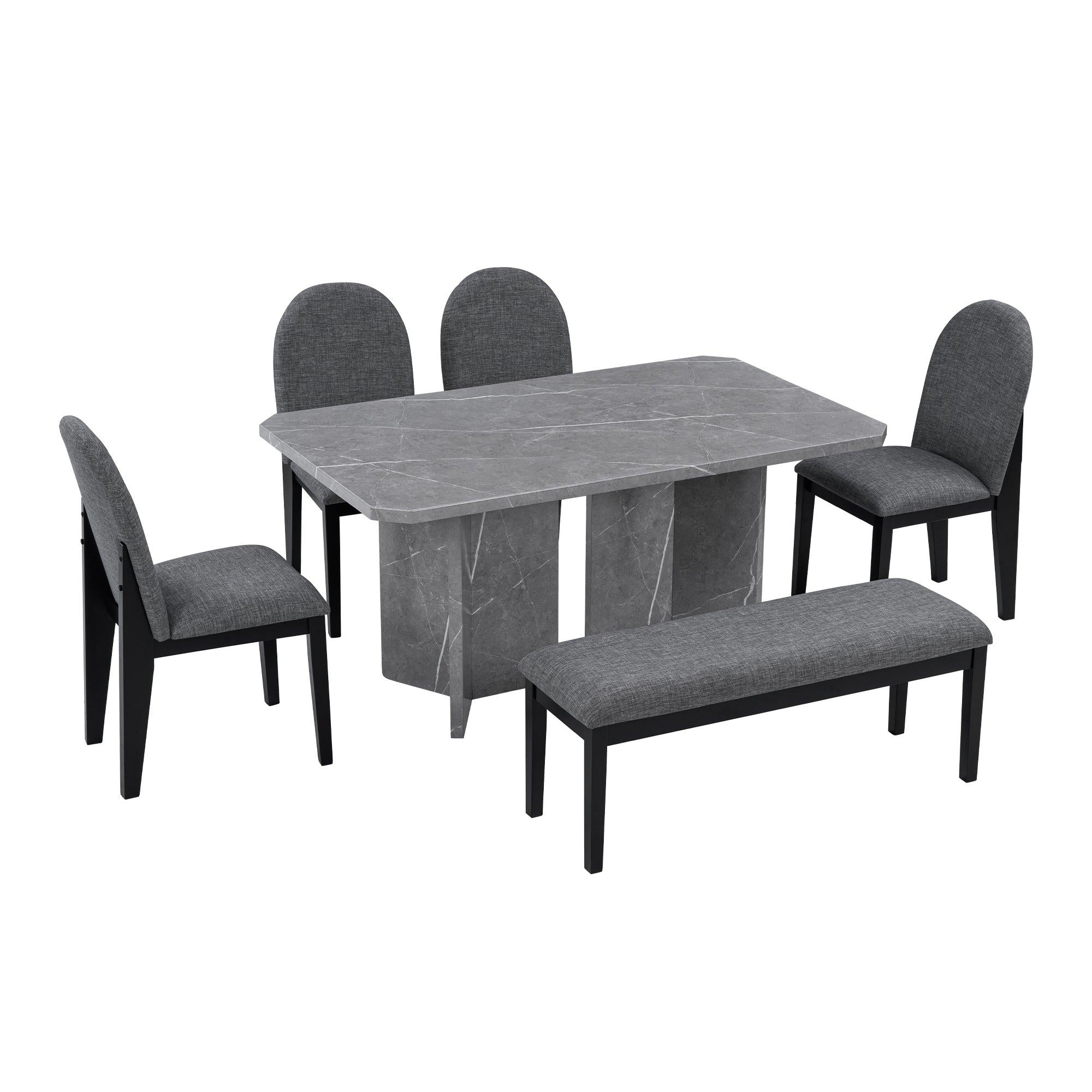 6-PieceModern Style Dining Set with Faux Marble Table and 4 Upholstered Dining Chairs & 1 Bench (Gray)