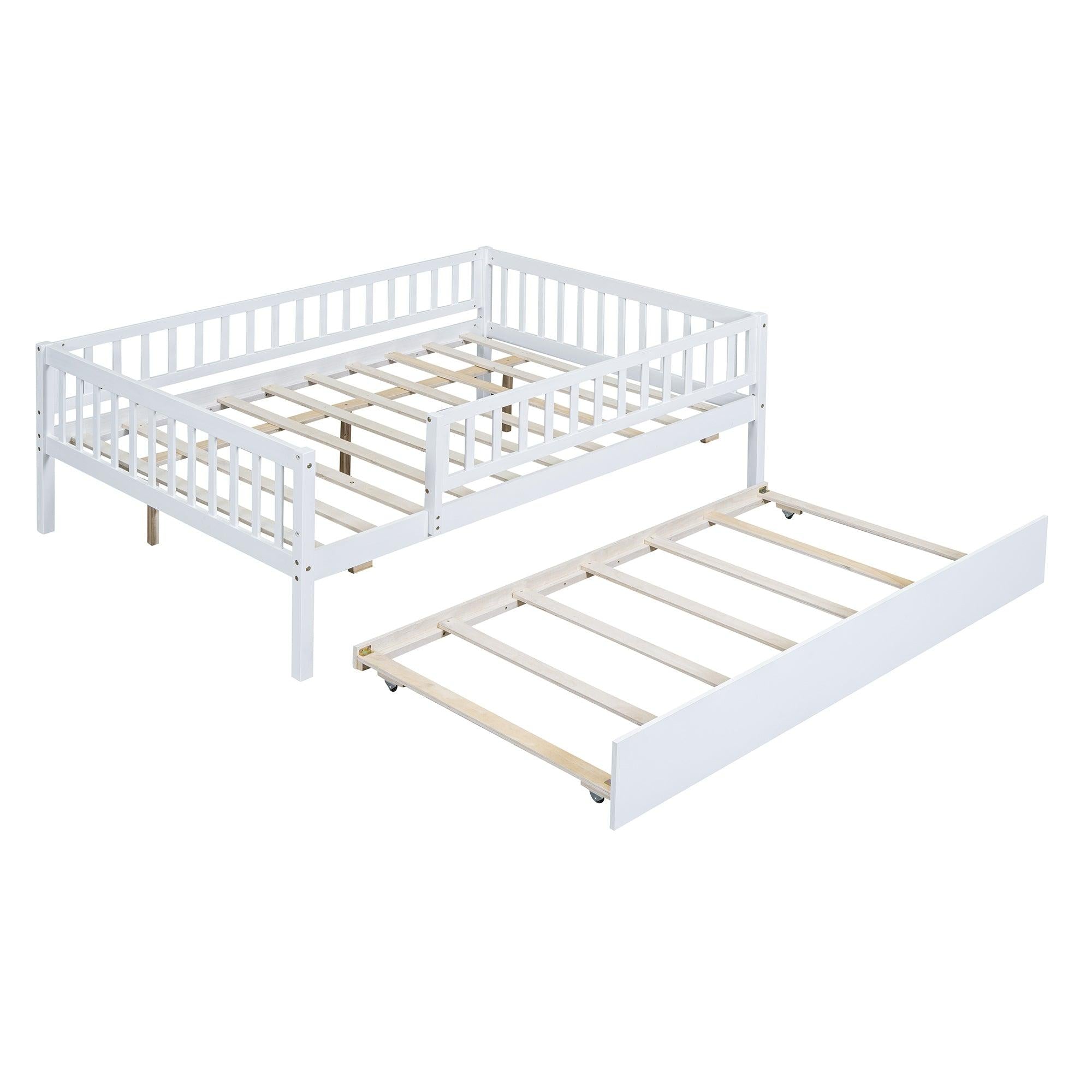 Full Size Wood Daybed with Trundle and Fence Guardrails, White