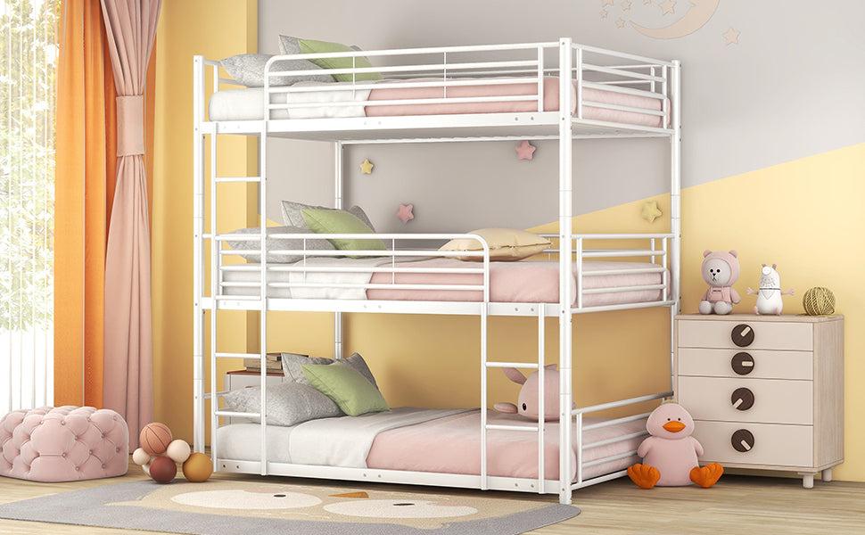 Full-Full-Full Metal  Triple Bed  with Built-in Ladder, Divided into Three Separate Beds,White