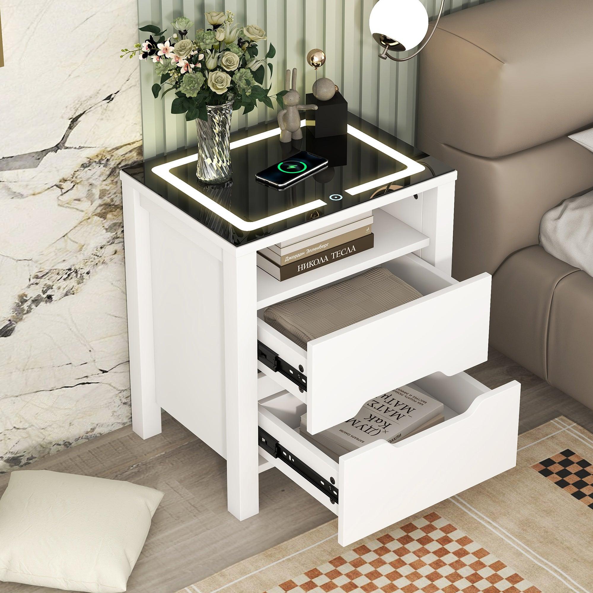 MultifunctionalStorage Nightstand with 2 Drawers and an open shelf, Wireless Charging with adjustable LED, White image