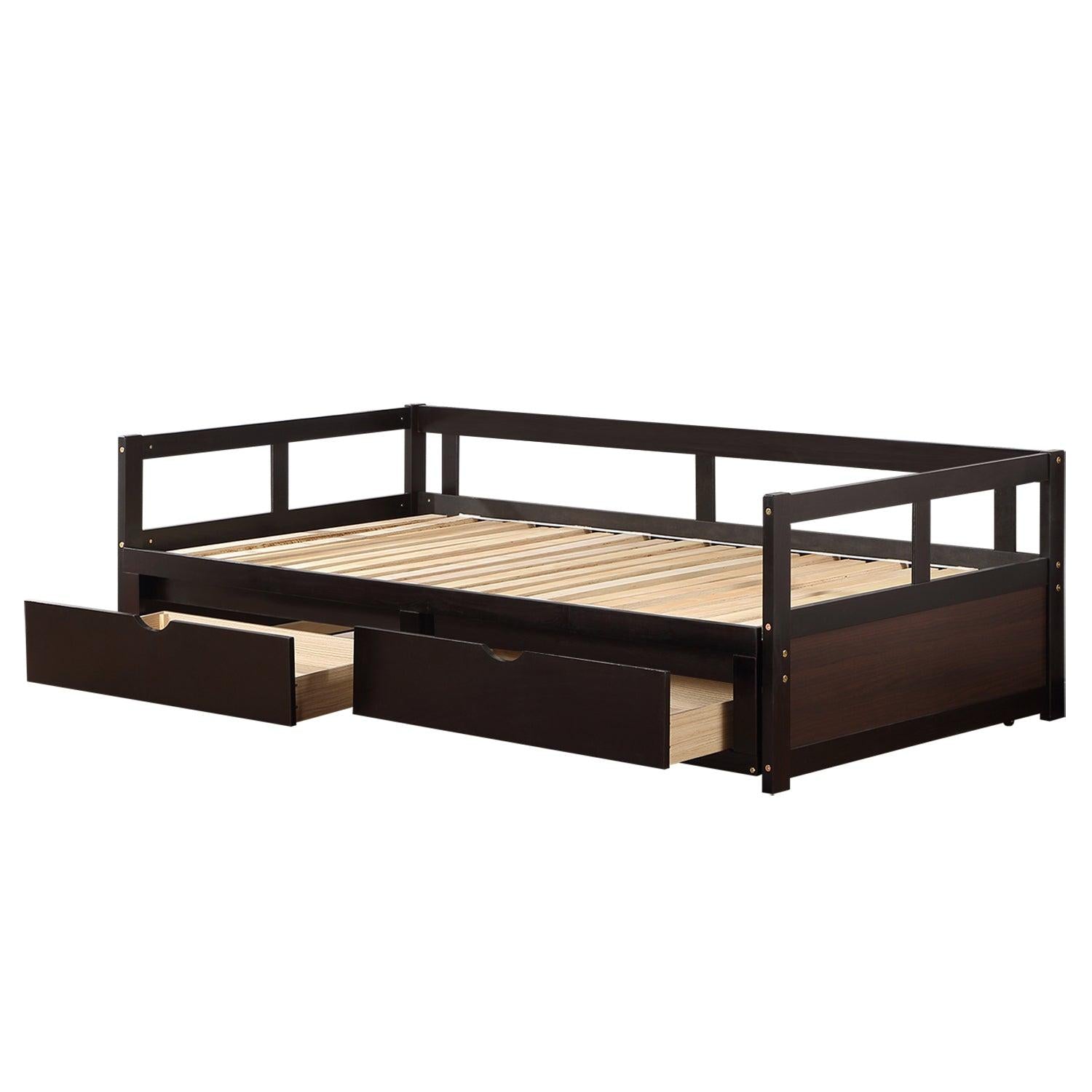 Wooden Daybed with Trundle Bed and TwoStorage Drawers , Extendable Bed Daybed,Sofa Bed for Bedroom Living Room,Espresso