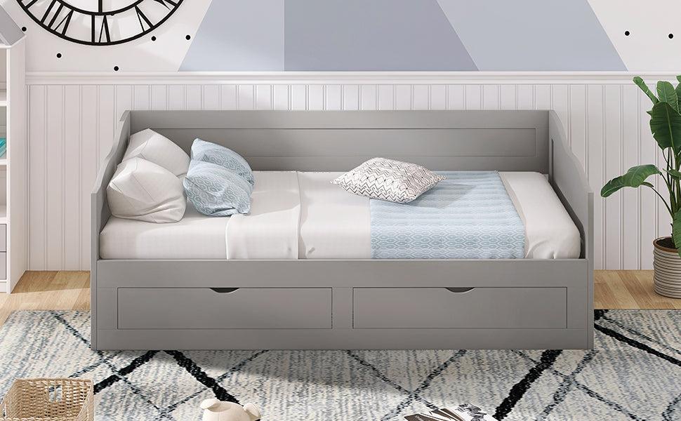 Wooden Daybed with Trundle Bed and TwoStorage Drawers , Extendable Bed Daybed,Sofa Bed with Two Drawers, Gray