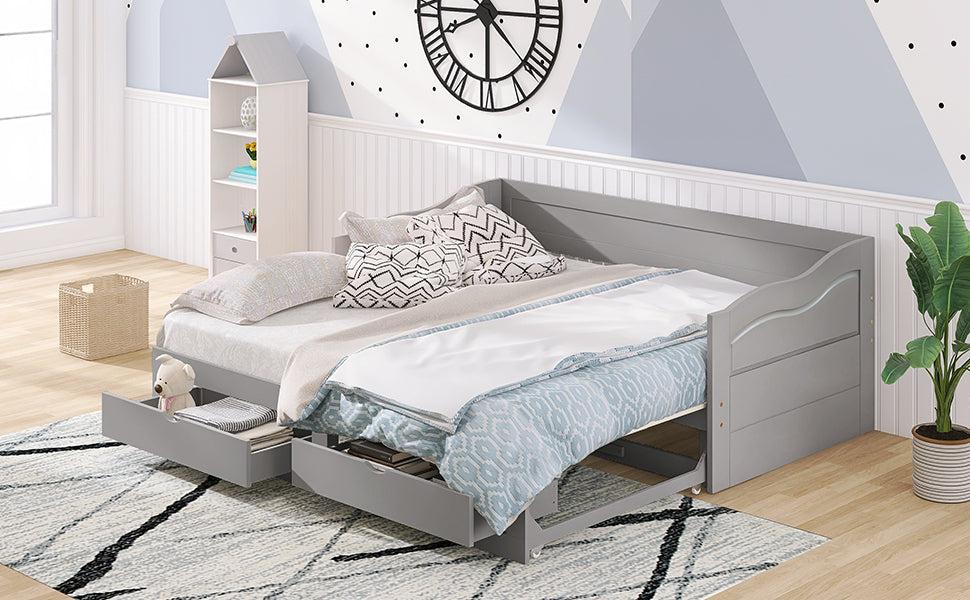 Wooden Daybed with Trundle Bed and TwoStorage Drawers , Extendable Bed Daybed,Sofa Bed with Two Drawers, Gray