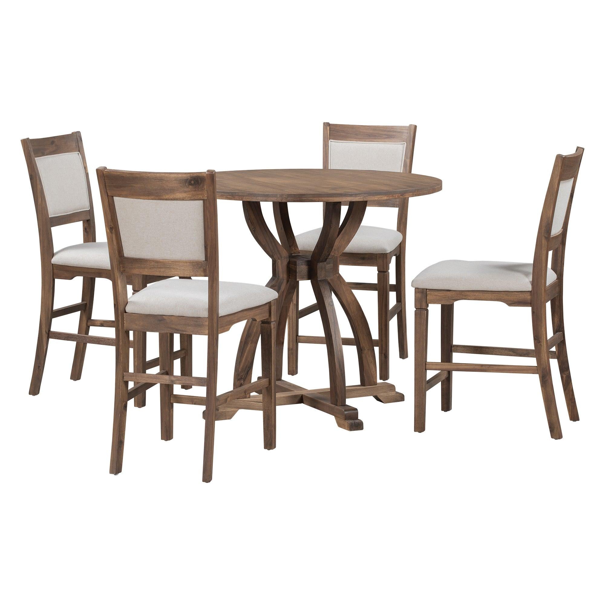 Farmhouse 5-Piece Round Dining Table Set with Trestle Legs and 4 Upholstered Dining Chairs for Small Place, Brown