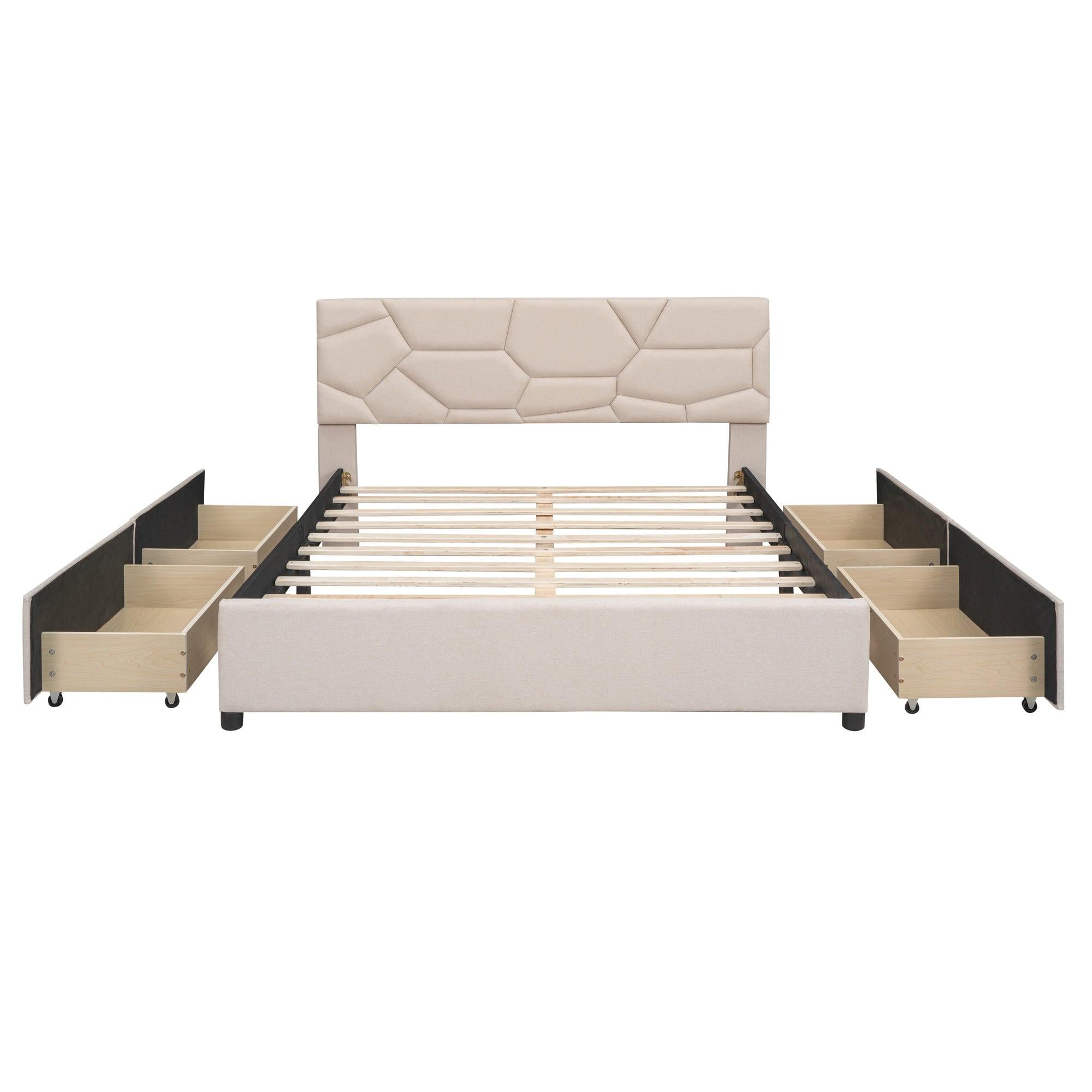 Queen Size Upholstered Platform Bed with Brick Pattern Heardboard and 4 Drawers, Linen Fabric, Beige