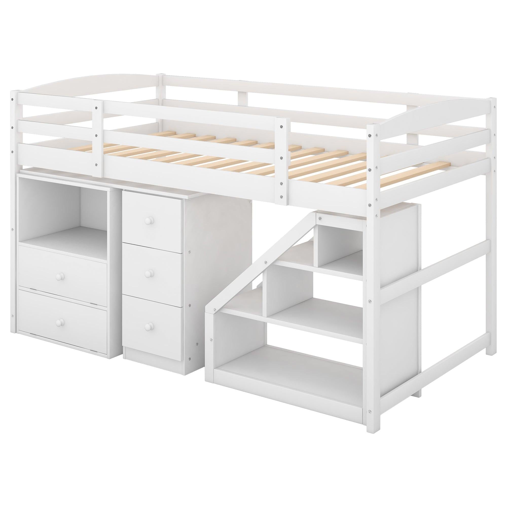 Twin Size Loft Bed with Multifunctional Movable Built-in Desk and and Staircase,White