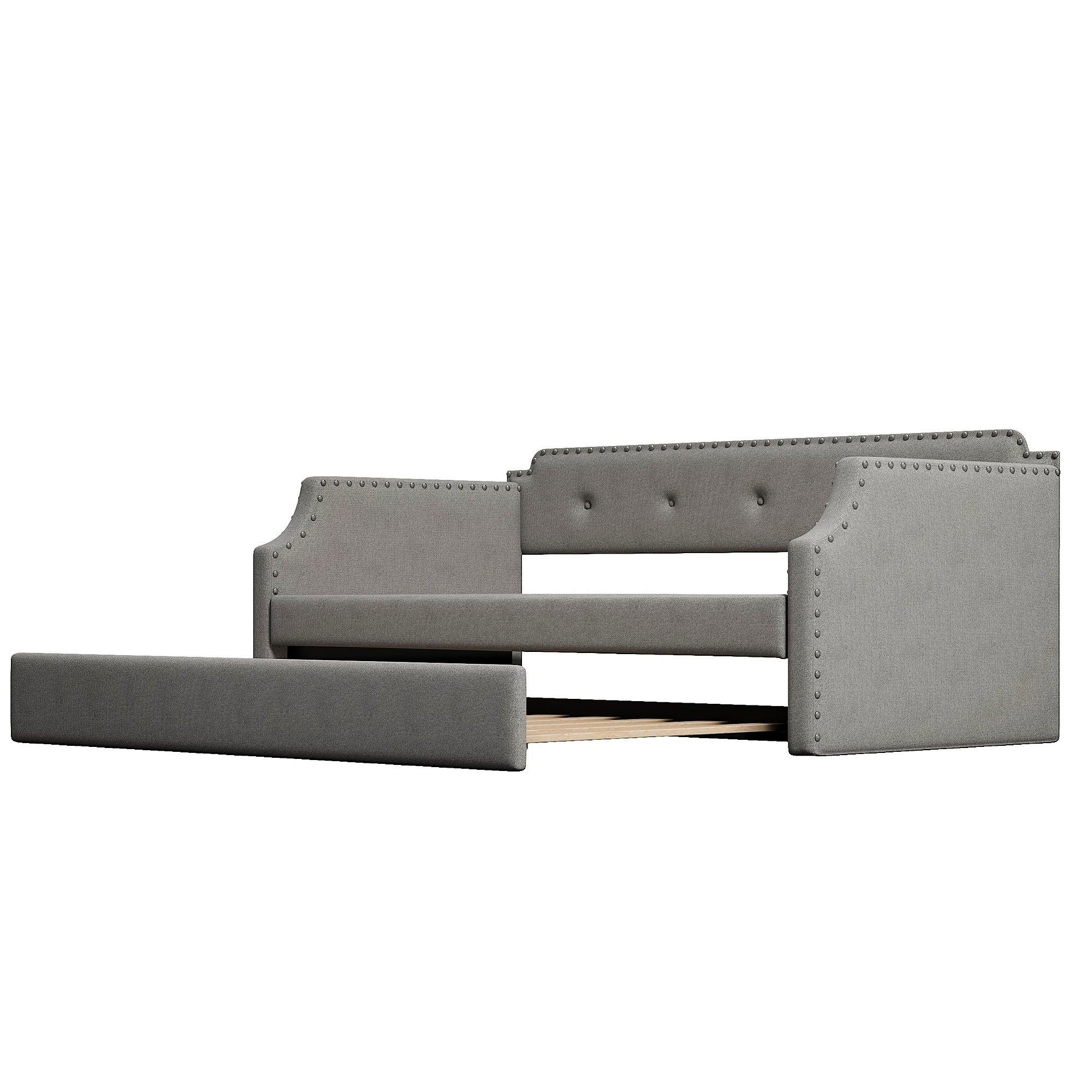 Upholstered Daybed with Trundle, Wood Slat Support,Upholstered Frame Sofa Bed , Twin,Gray