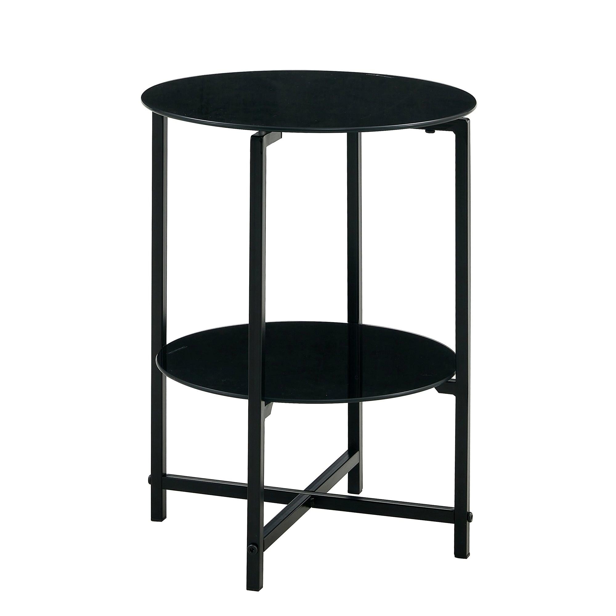 2- layer Tempered Glass End Table, Round Coffee Table for Bedroom Living Room Office (black)