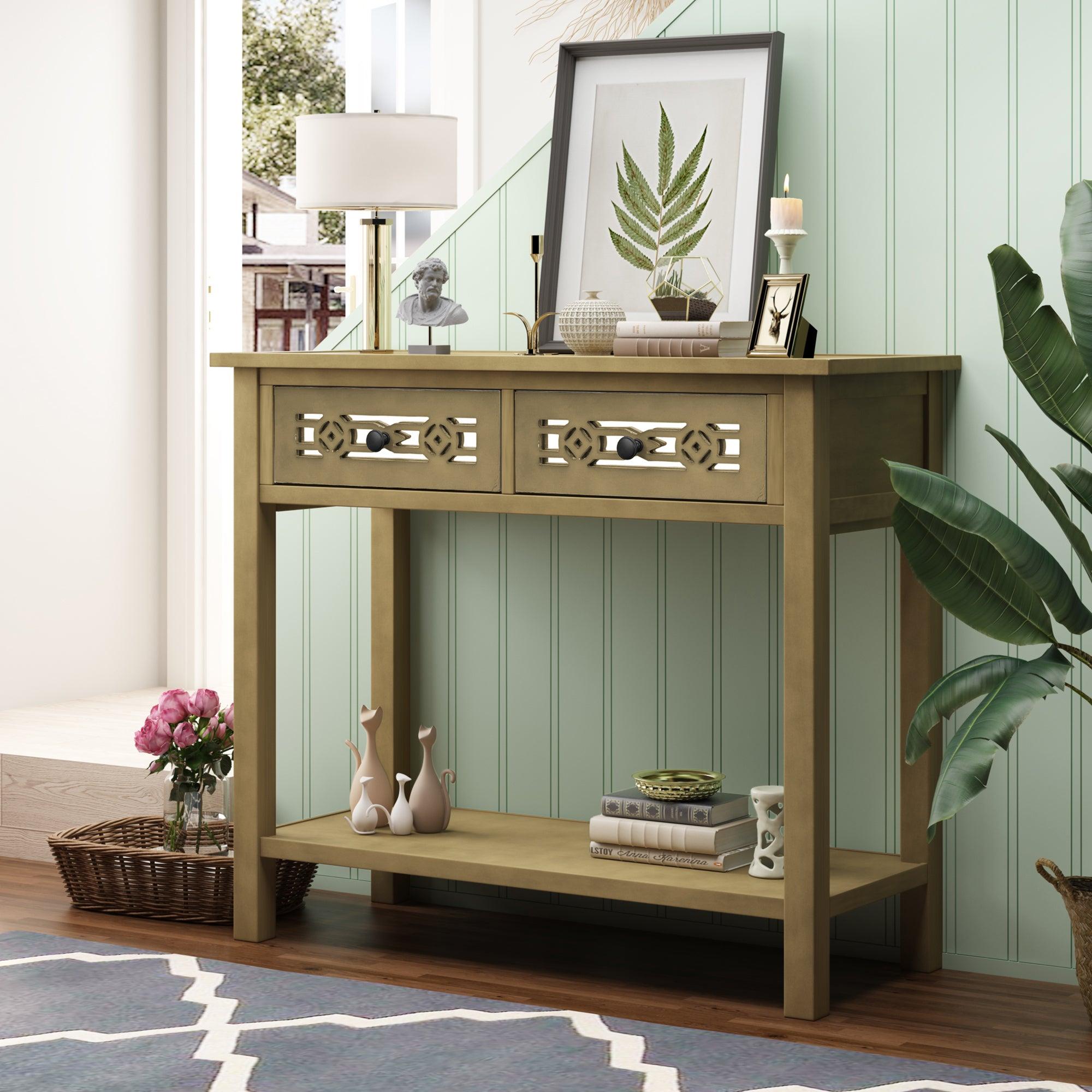 Classic Console Table with Hollow-out Decoration Two Top Drawers and Open Shelf LargeStorage Space (ld) image