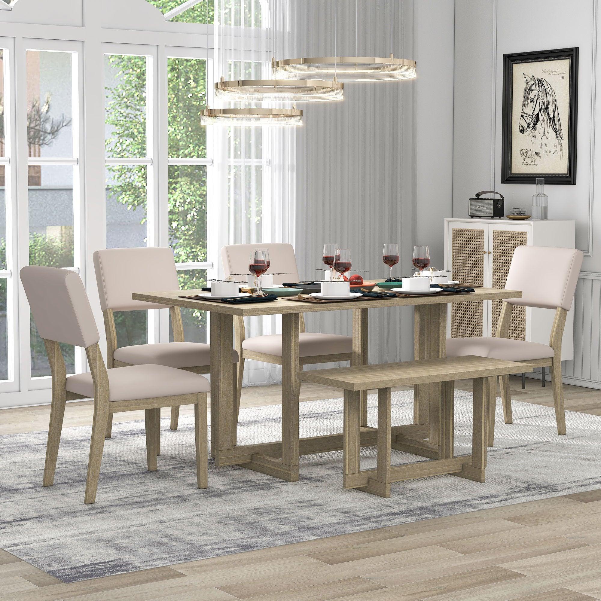 Wooden 6-Piece Dining Table Set H-shaped Support Design Dining Table, Four Chairs with Soft Cushions and One Wooden Bench (Natural Wood Wash) image