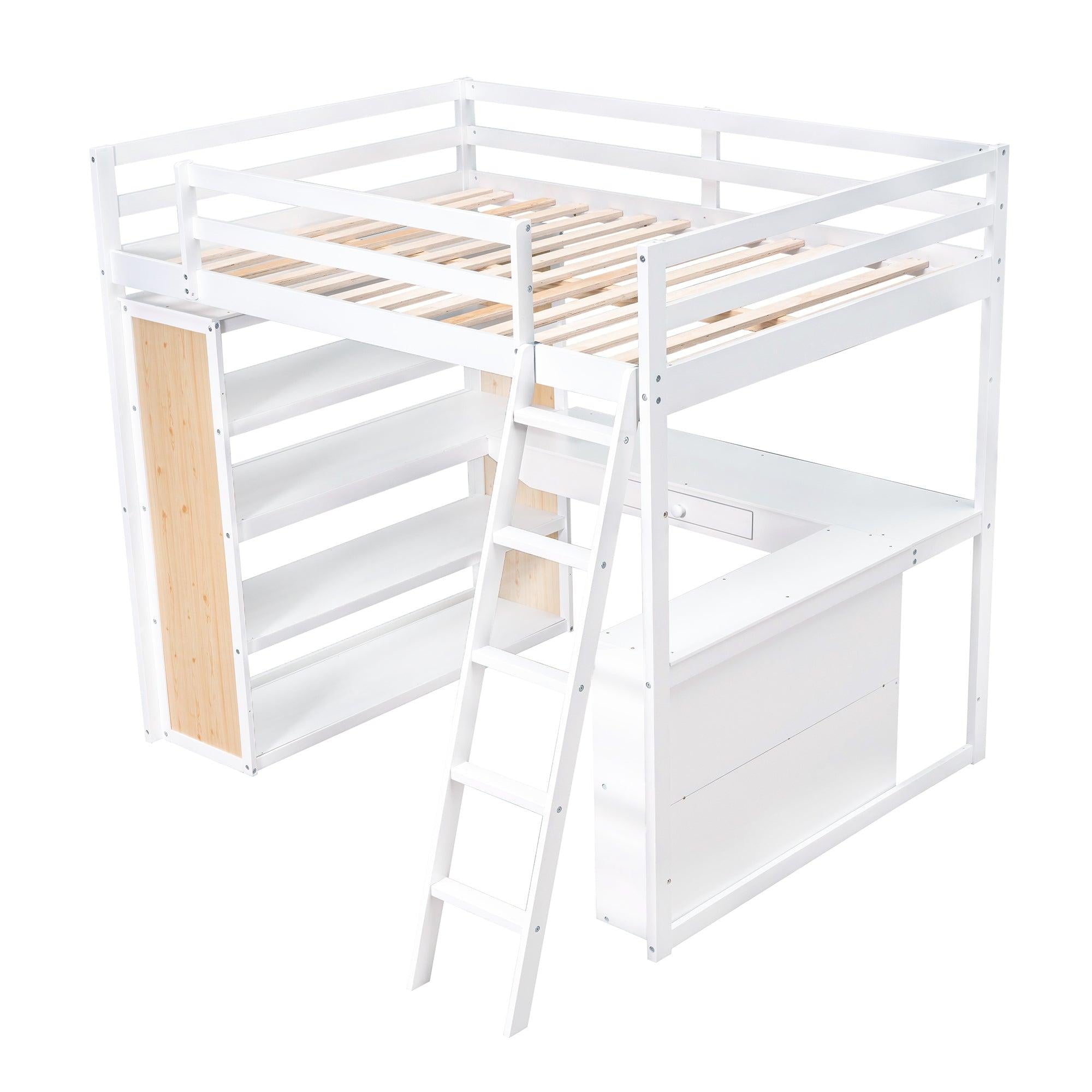 Full Size Loft Bed with Ladder, Shelves, and Desk, White