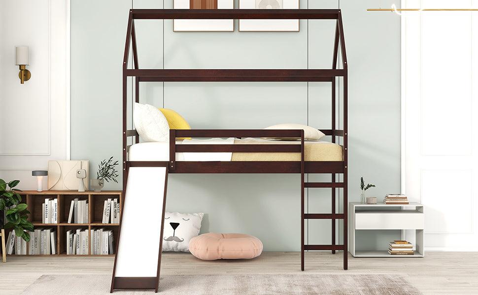 Twin Loft Bed with Slide, House Bed with Slide,Gray