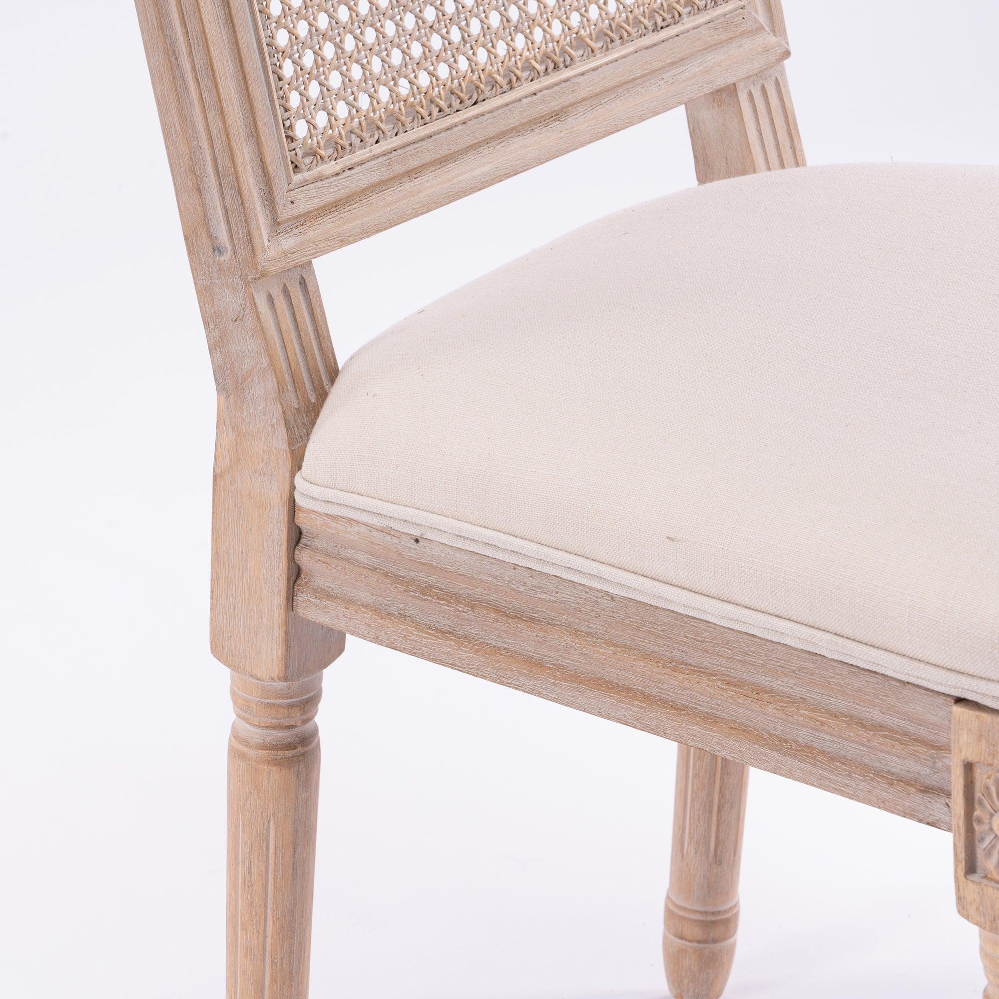 French Style Solid Wood Frame Linen Fabric Antique Painting Rattan Back Dining Chair ,Seat of 2,Cream