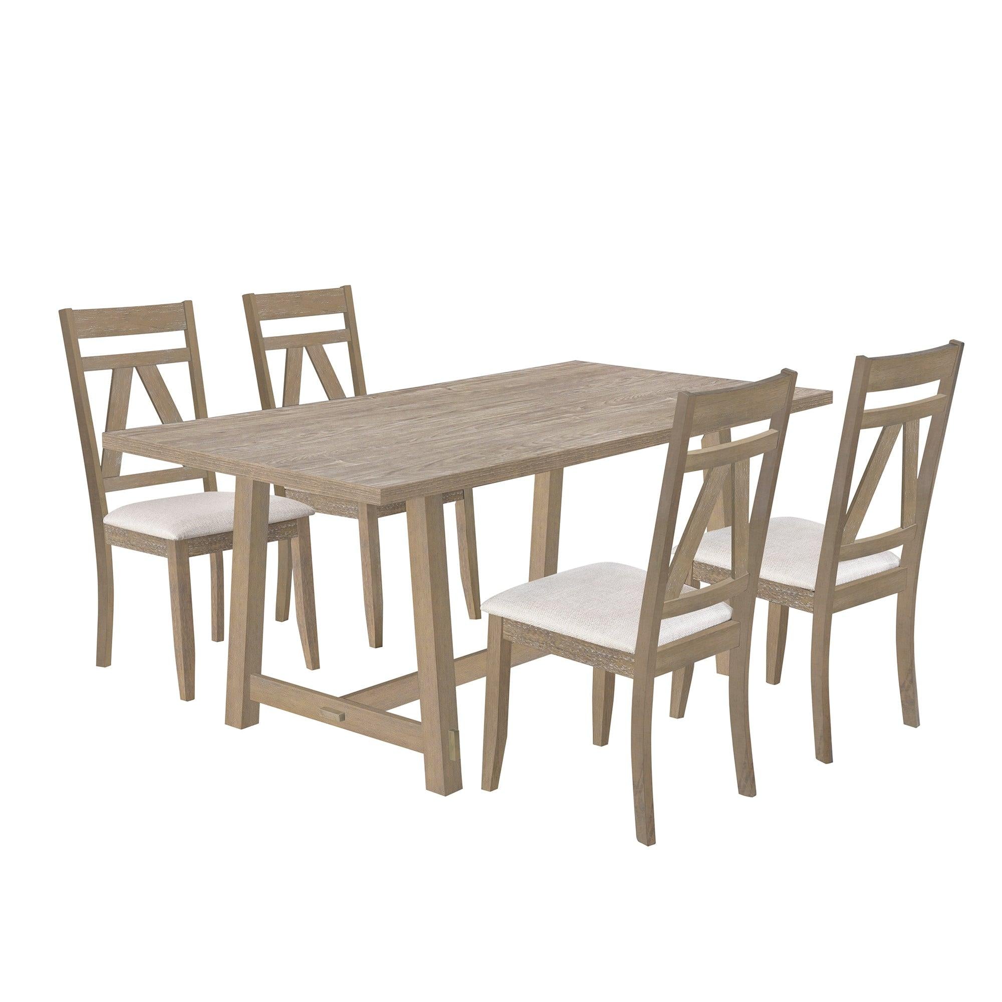 Rustic 5-Piece Large Wood Dining Table Set with 70inch Table and 4 Upholstered Dining Chairs,Brown