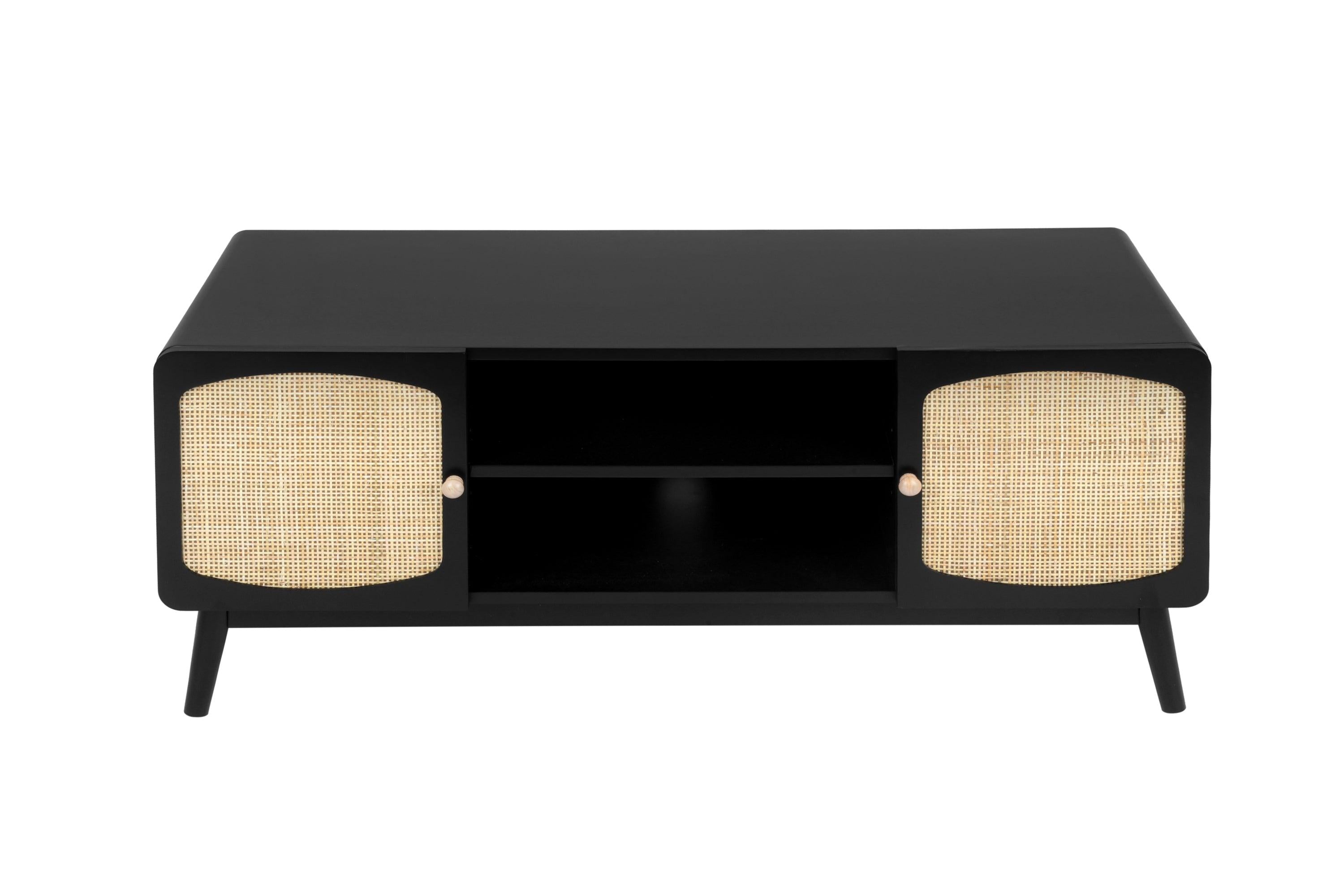 Black TV Console with Rattan Door, Boho TV Stand for Bedroom, Living Room