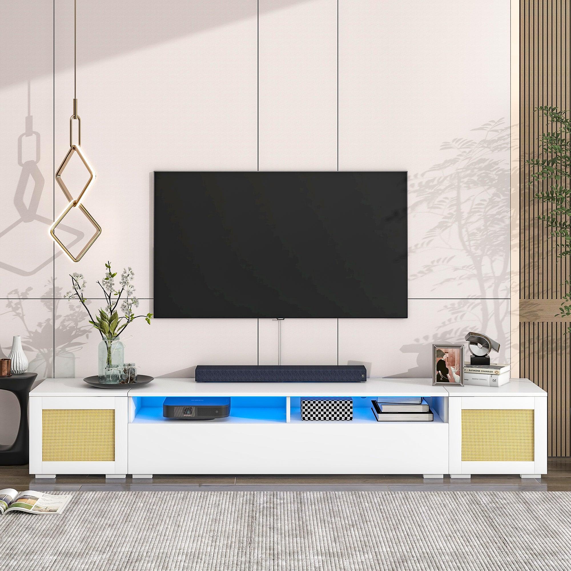 Rattan Style Entertainment Center with Push to Open Doors, 3-pics Extended TV Console Table for TVs Up to 90”,Modern TV Stand with Color Changing LED Lights for  Home Theatre, White