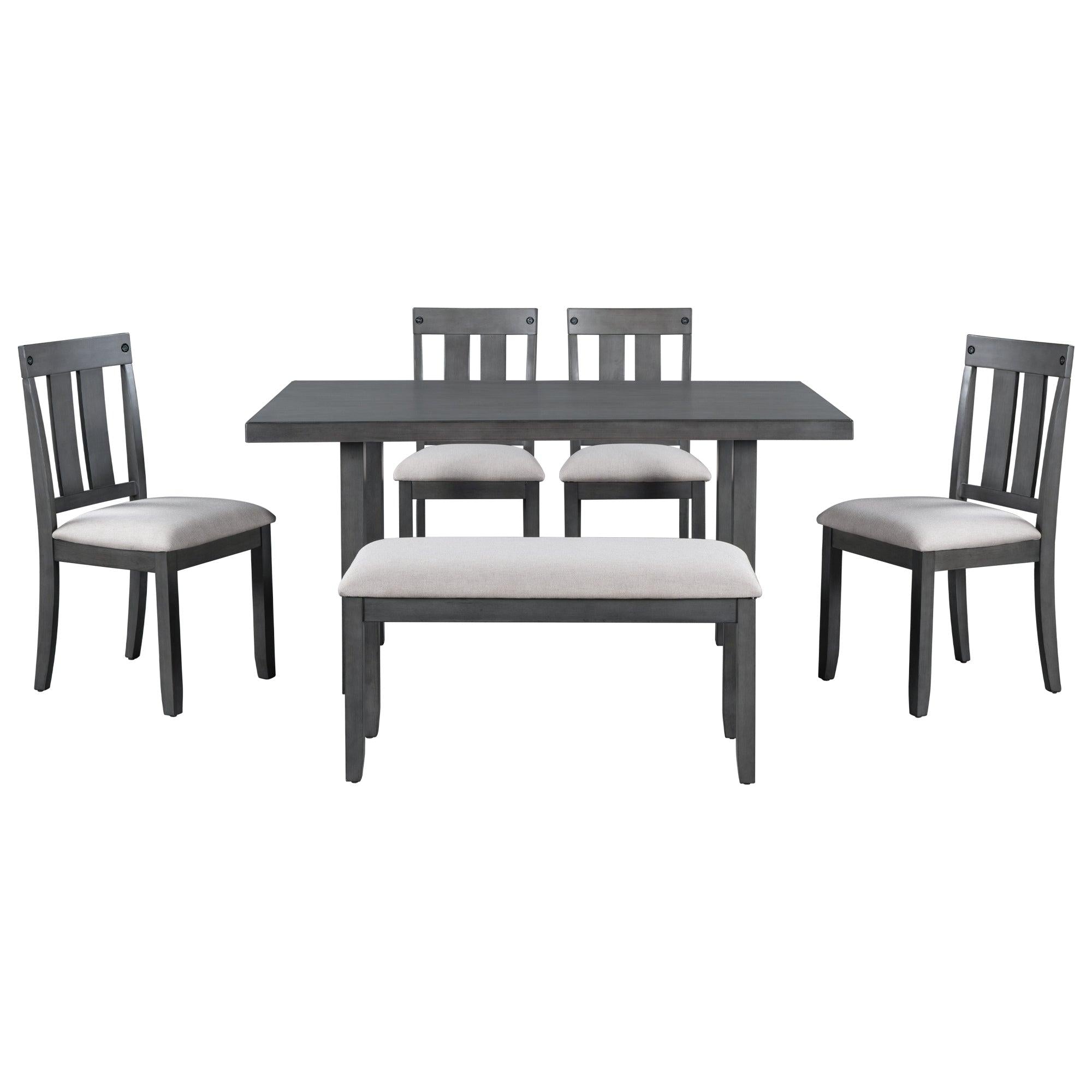 Rustic Farmhouse 6-Piece Wooden Rustic Style Dining Set, Including Table, 4 Chairs & Bench (Gray)