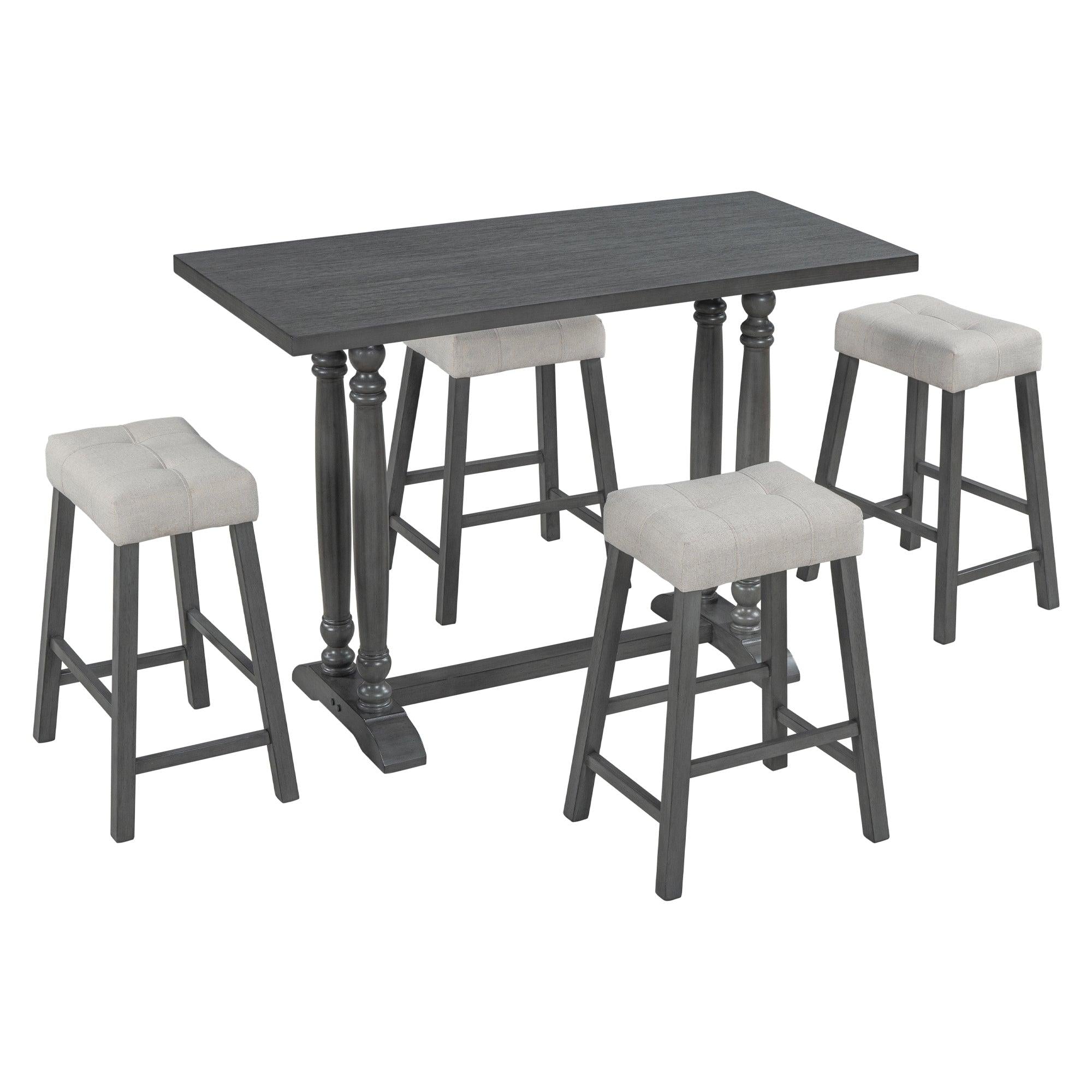 5-Piece Dining Table Set, Counter Height Dining Furniture with a Rustic Table and 4 Upholstered Stools for Kitchen, Dining Room (Gray)