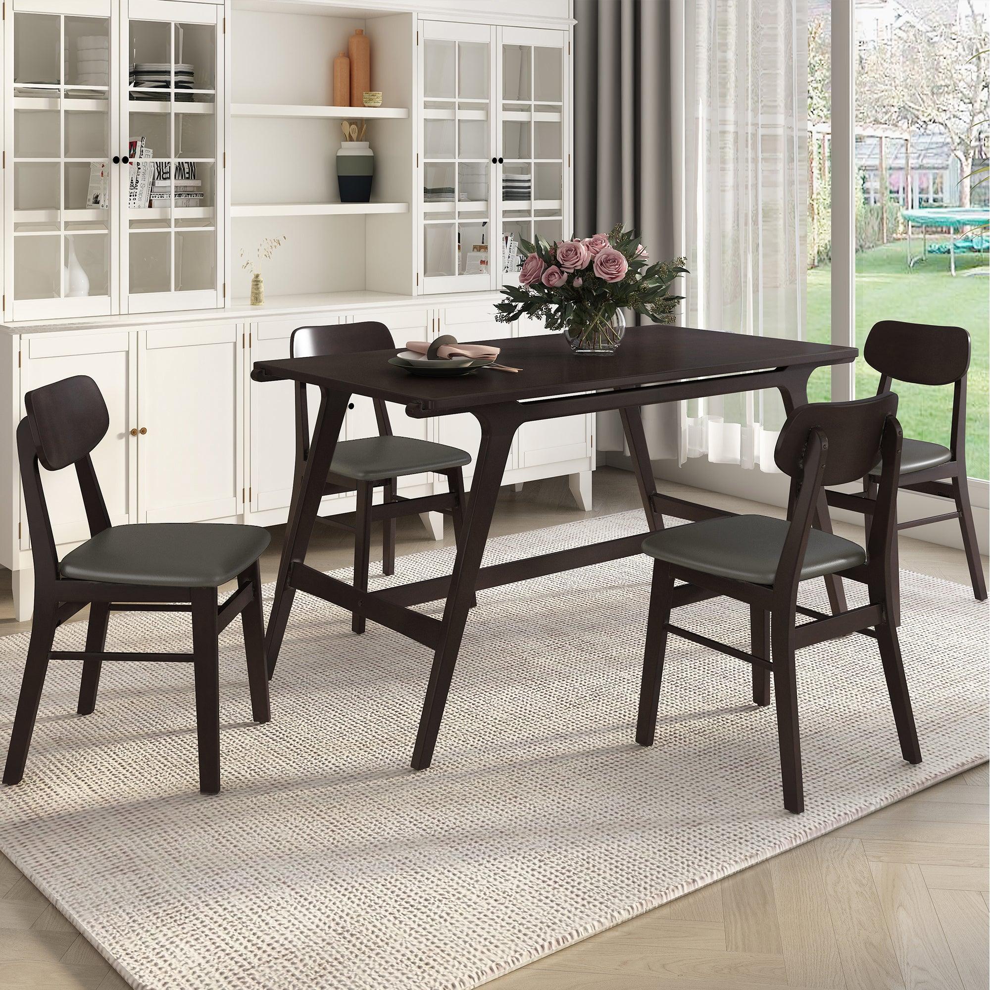 5-Piece Mid-Century Style Dining Table Set Kitchen Table with 4 Faux Leather Dining Chairs (Wenge)