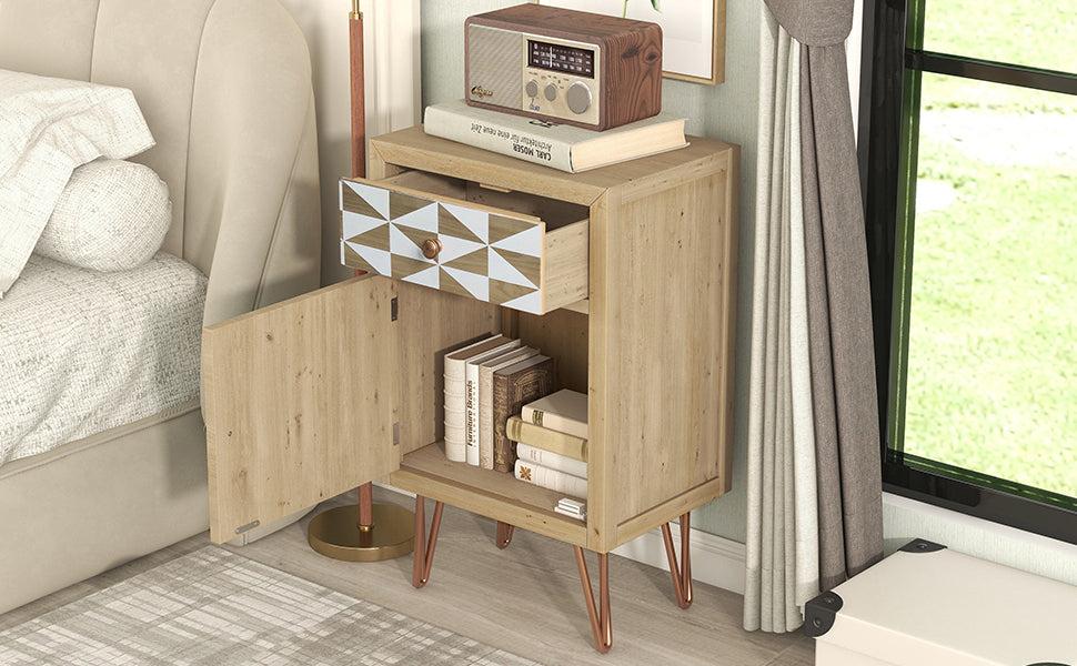 Wooden Nightstand with One Drawer,One Shelf with Doors and Metal FeetModern Style Bedside Table (Natural)