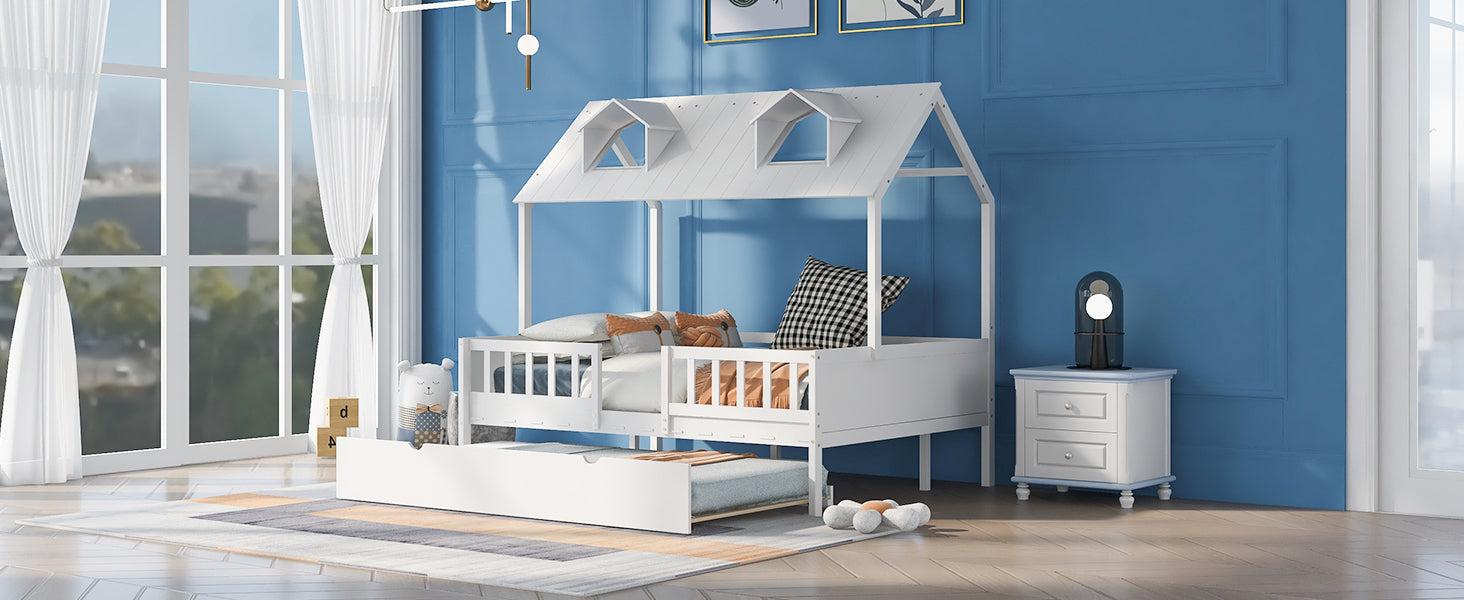 Full Size House Bed Wood Bed with  Twin Size Trundle ( White )