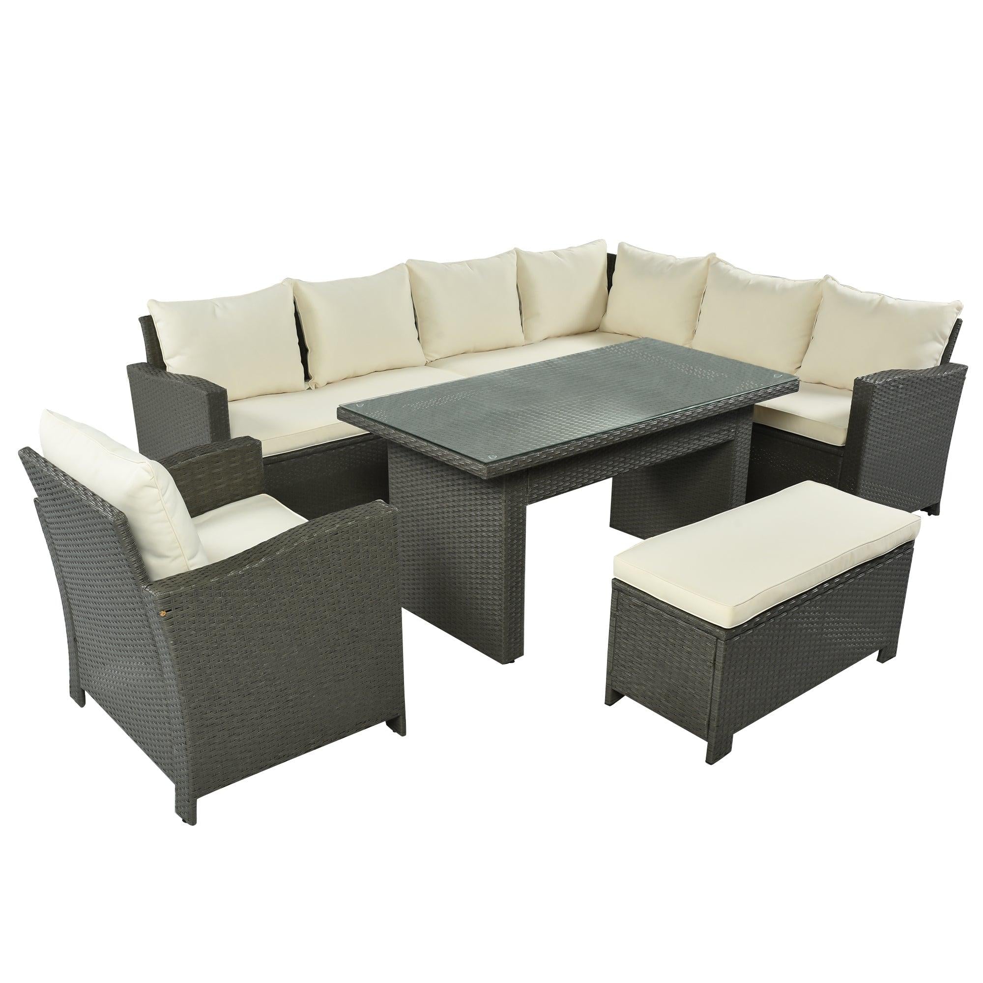 Patio Furniture Set, 6 Piece Outdoor Conversation Set, Dining Table Chair with Bench and Cushions