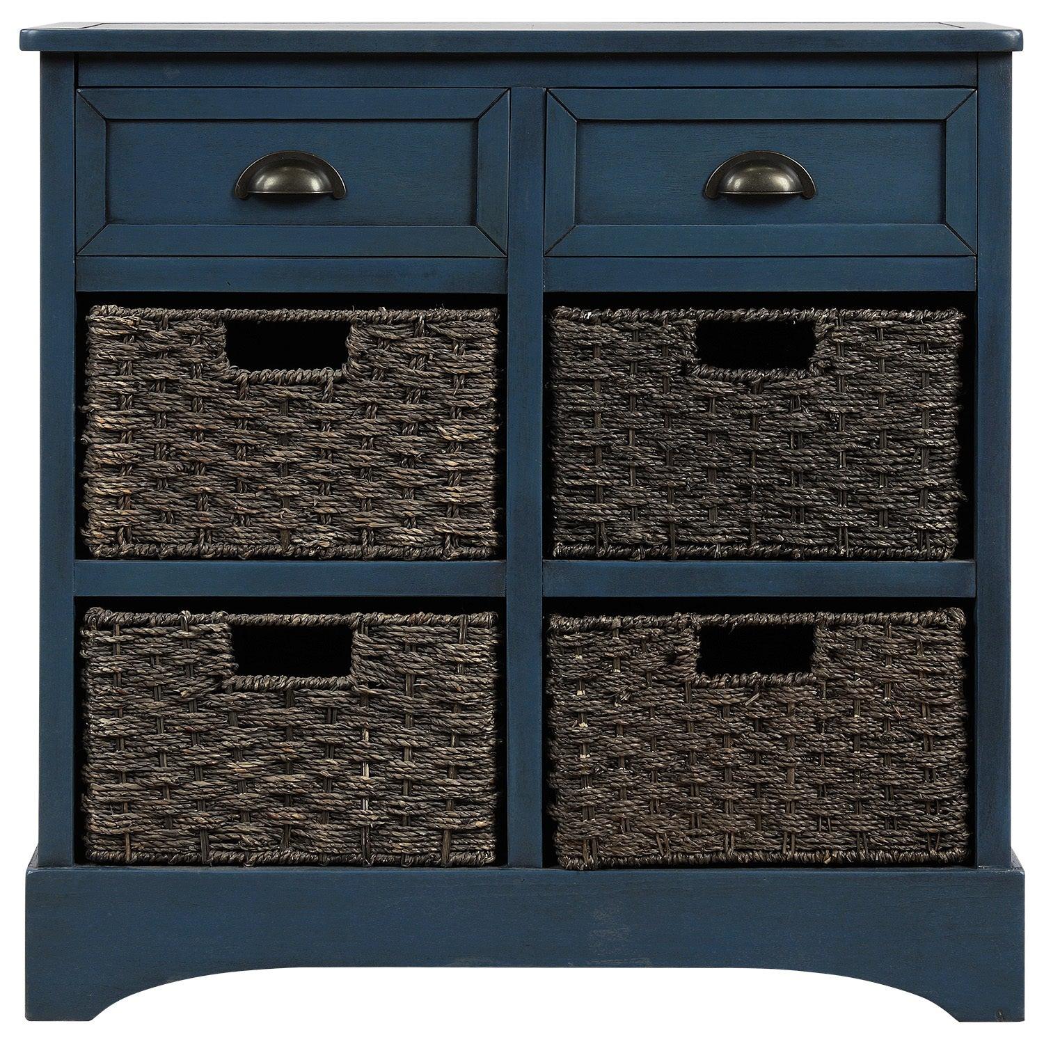 RusticStorage Cabinet with Two Drawers and Four  Classic Rattan Basket for Dining Room/Entryway/Living Room (Antique Navy)