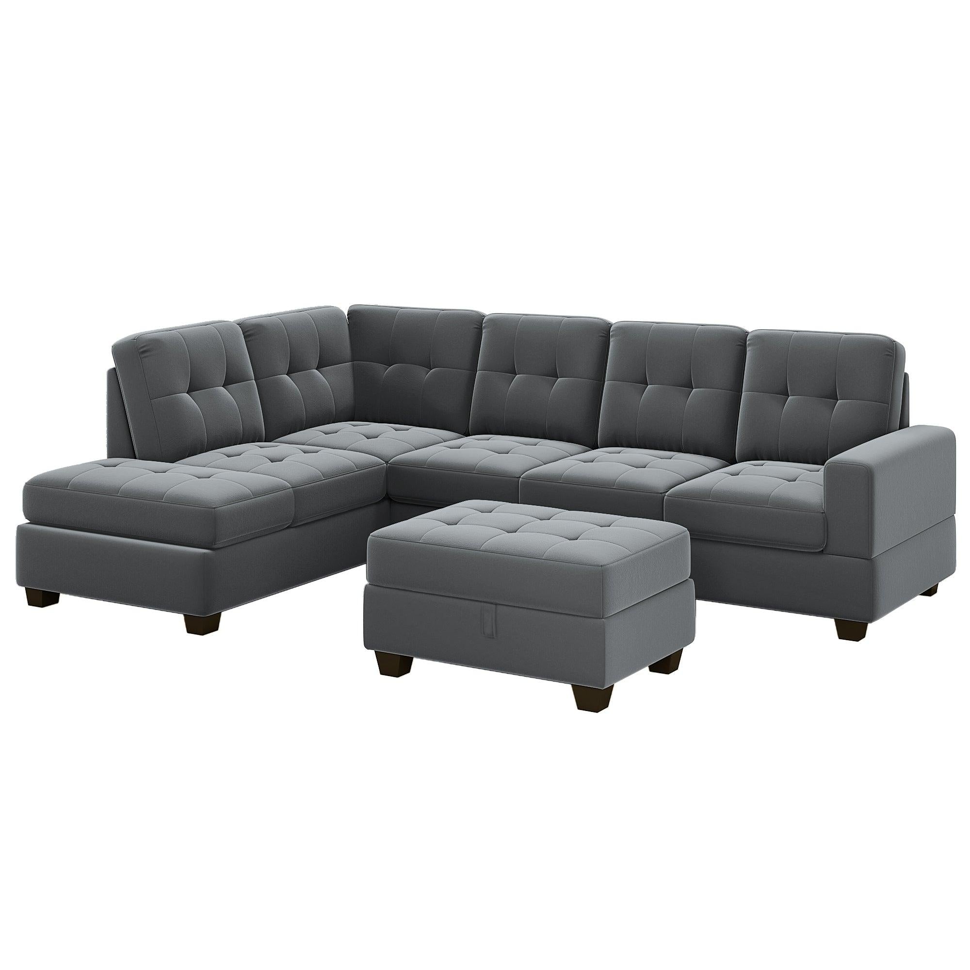 Sectional Sofa with Reversible Chaise Lounge, L-Shaped Couch withStorage Ottoman and Cup Holders