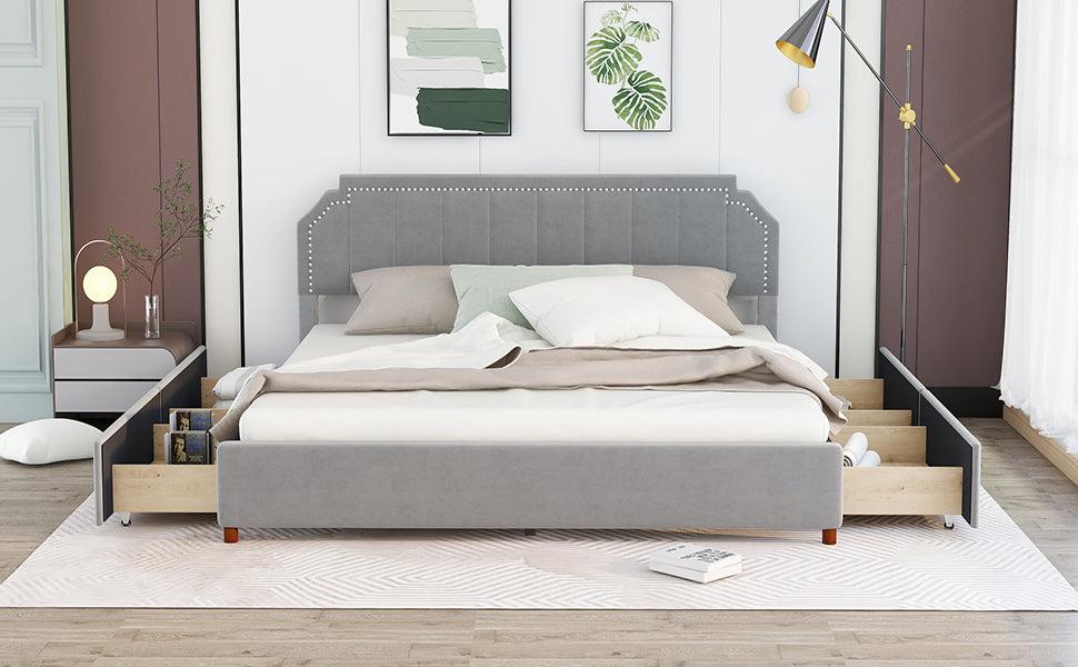 King Size Upholstery Platform Bed with FourStorage Drawers,Support Legs,Grey