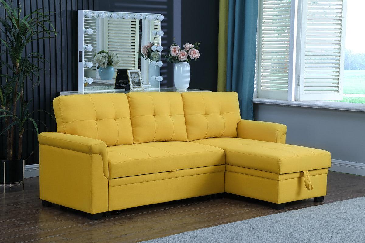 Lucca Yellow Linen Reversible Sleeper Sectional Sofa withStorage Chaise