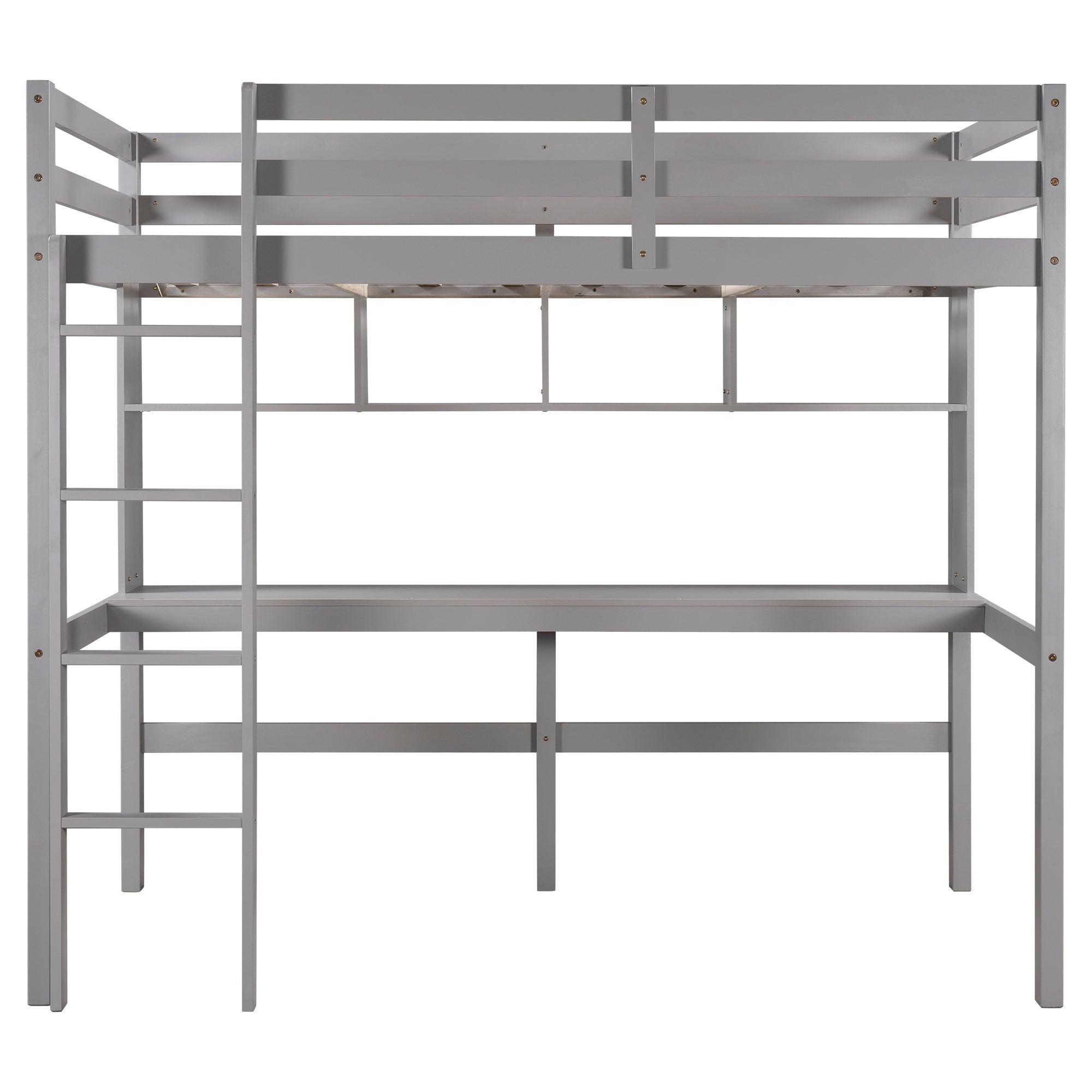 Twin Size Loft Bed with Convenient Desk, Shelves, and Ladder, White