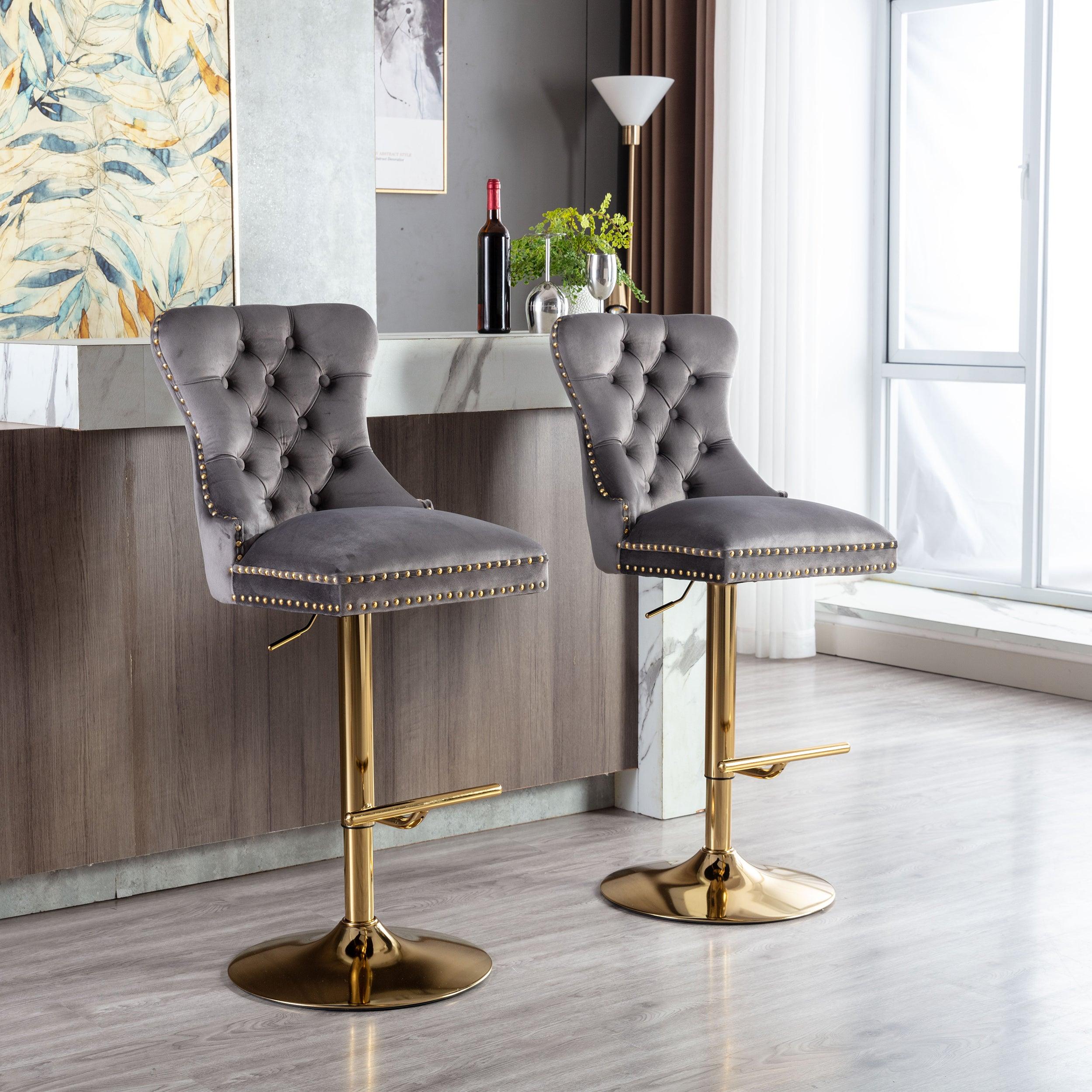 Swivel Bar Stools Chair Set of 2Modern Adjustable Counter Height Bar Stools, Velvet Upholstered Stool with Tufted High Back & Ring Pull for Kitchen , Chrome Golden Base, Grey